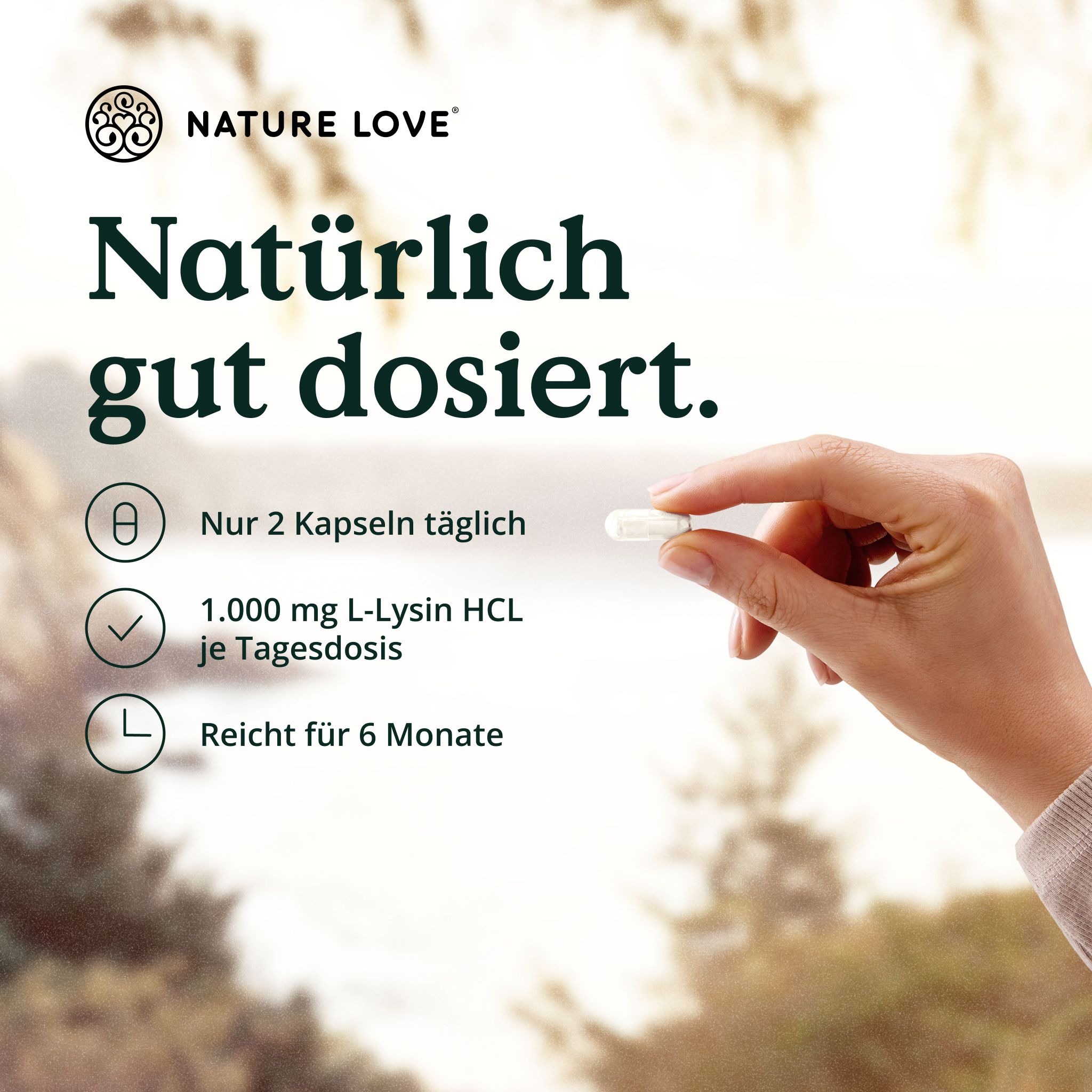 NATURE LOVE L-Lysin Kapsel, 1000 mg pro Tagesdosis, reicht für 6 Monate.