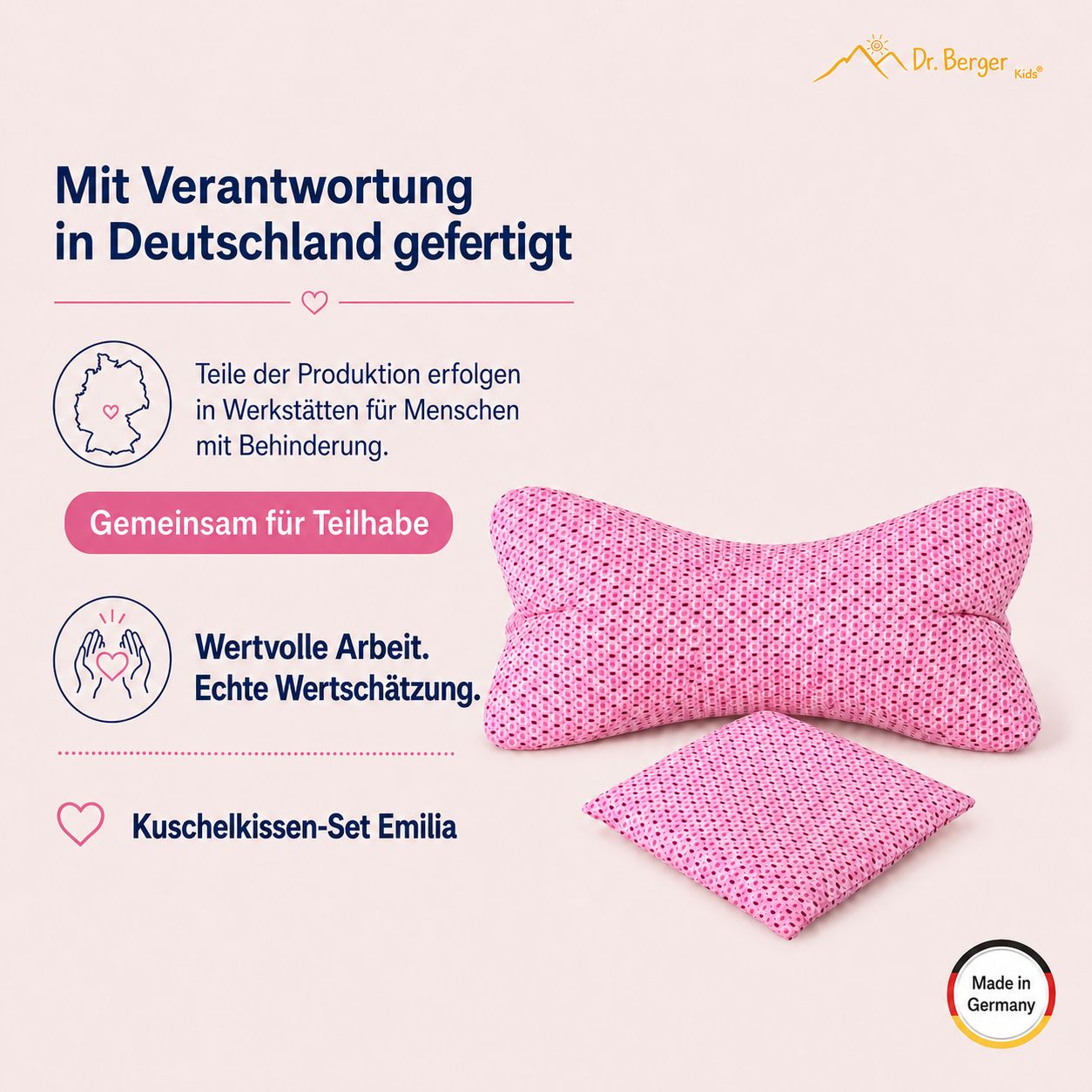 Kuschelkissen-Set Emilia, hergestellt in Deutschland, soziale Fertigung.
