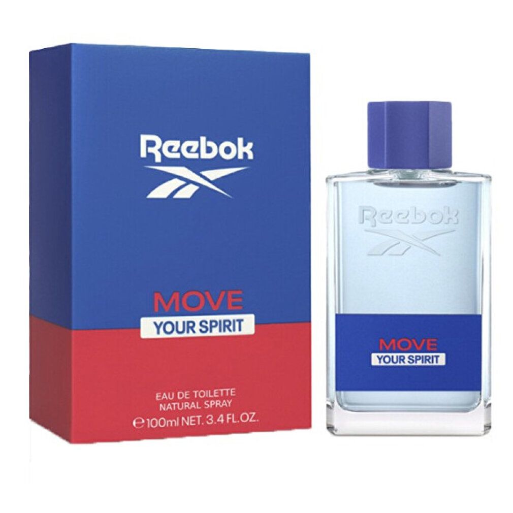Reebok-Flakon und -Verpackung. Blau-rot-weißes Design. Aufschrift: MOVE YOUR SPIRIT. Eau de Toilette.
