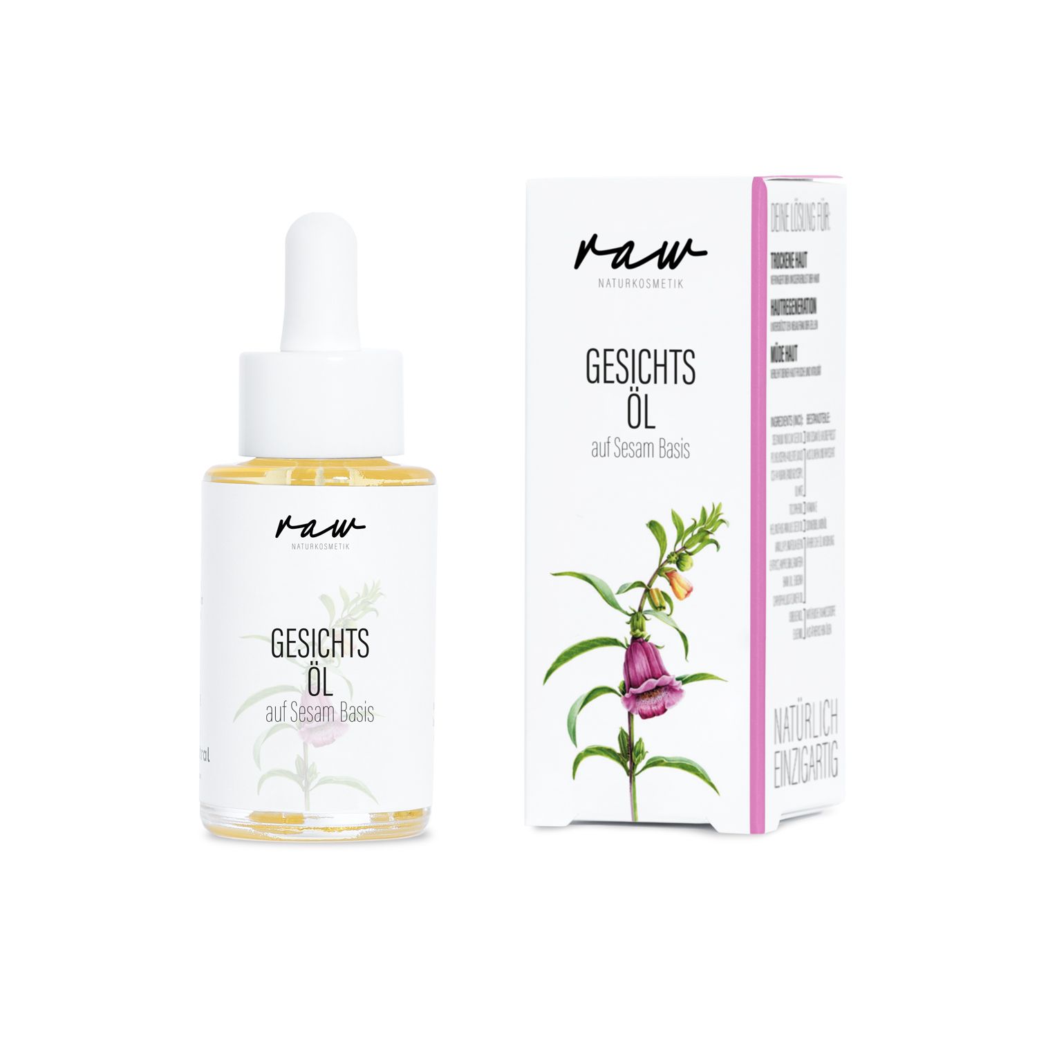 Gesichtsöl-Flasche mit Pipette und Verpackung. Aufschrift: "raw Naturkosmetik Gesichtsöl auf Sesam Basis".