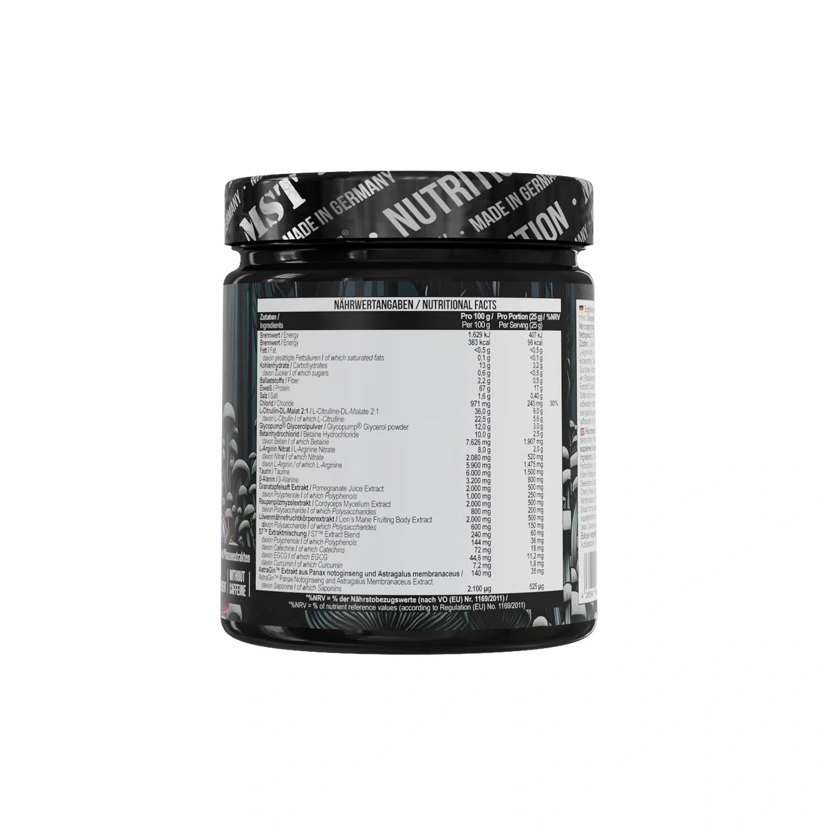 Dose mit Nährwertangaben. Enthält Inhaltsstoffe und Nährwerttabelle. Schwarzer Hintergrund mit weißen Buchstaben.