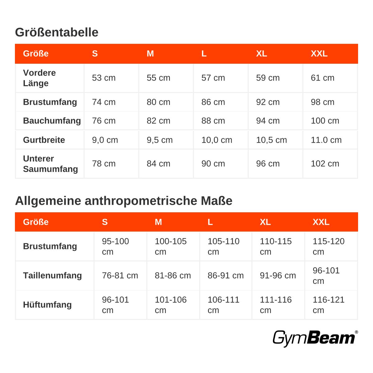 Größentabelle für Herren-Tanktops in Grau/Blau, Maße in cm.