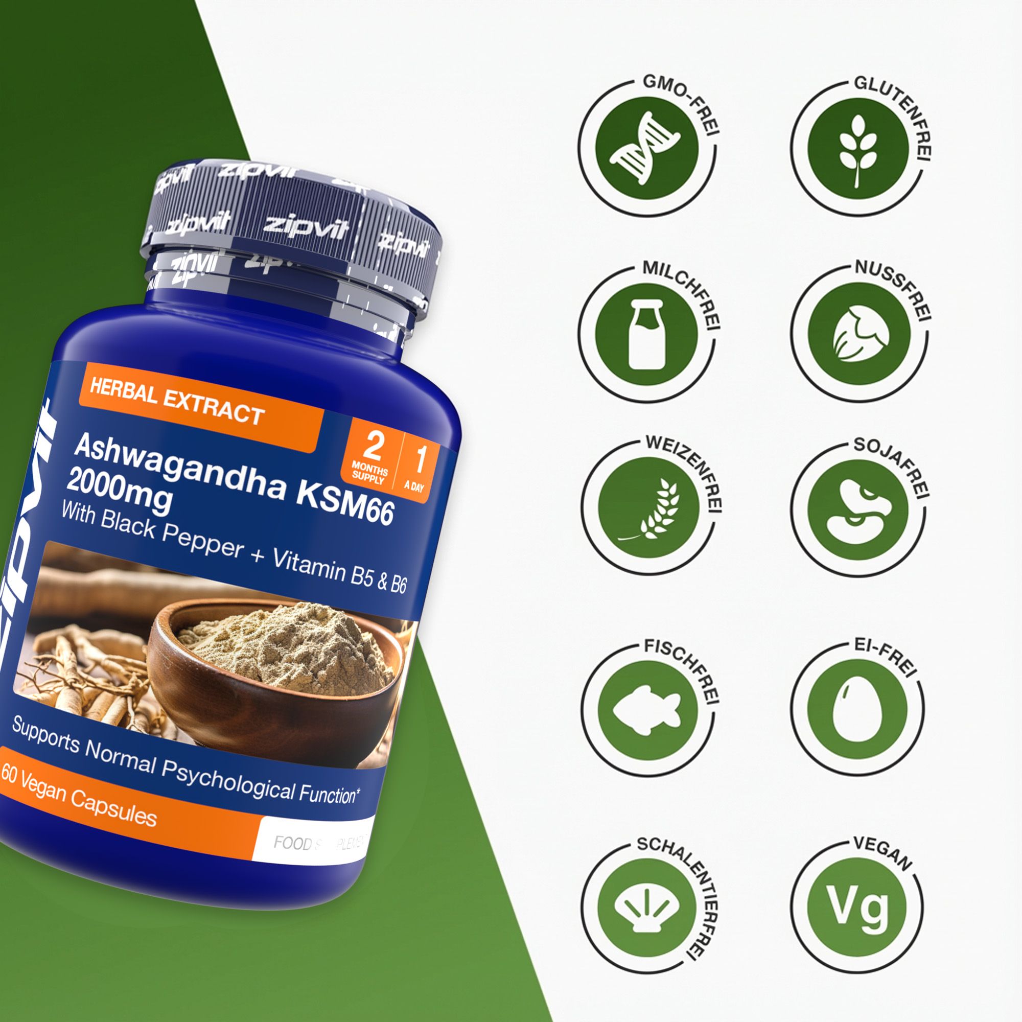 Blaue Flasche mit Kapseln. Aufschrift: Ashwagandha KSM-66 2000mg mit Vitamin B5 & B6. Symbole: GMO-frei, glutenfrei, milchfrei, nussfrei.