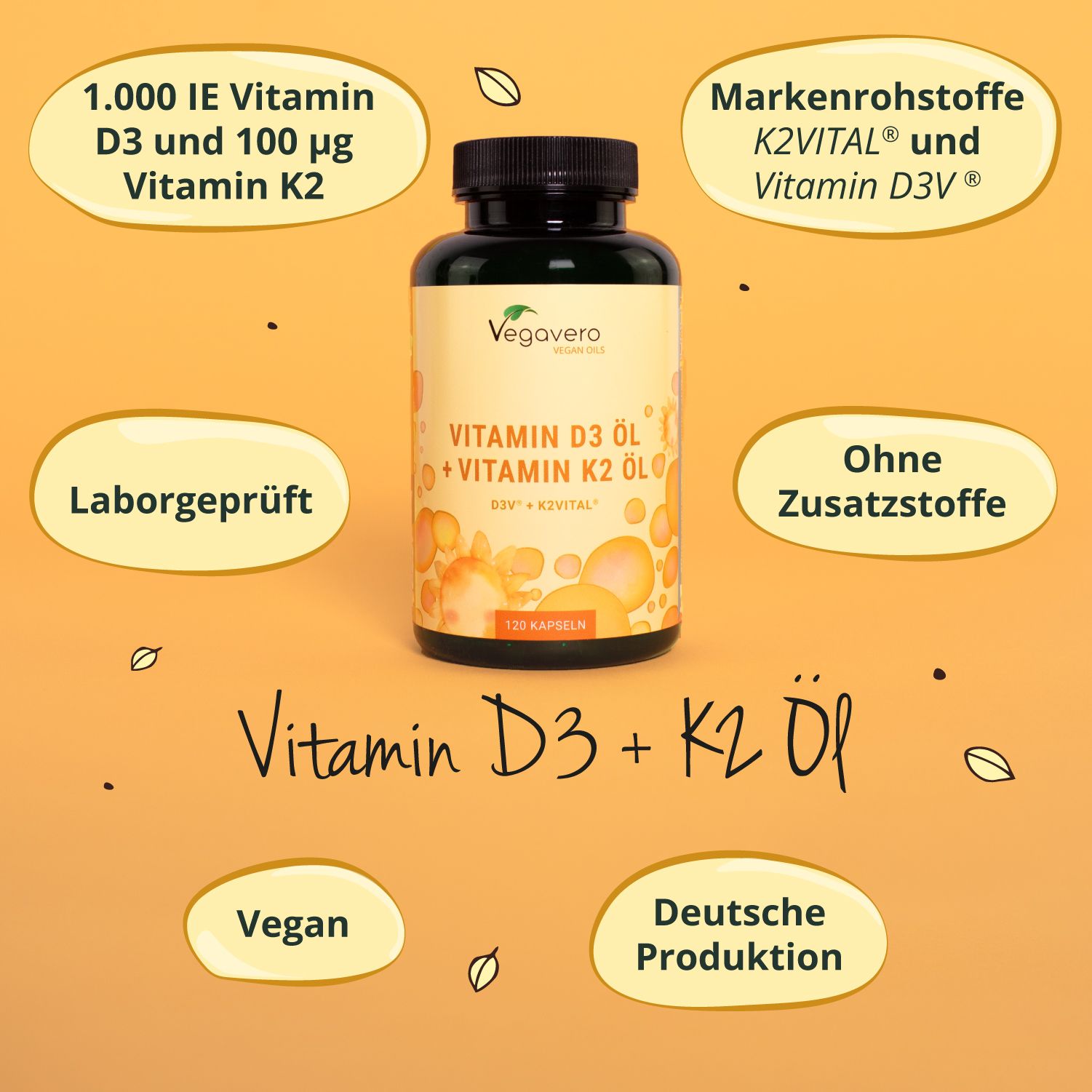 Flasche mit Etikett: Vitamin D3 Öl + Vitamin K2 Öl. 120 Kapseln. Informationen: 1.000 IE D3, 100 µg K2, Laborgeprüft, ohne Zusätze.