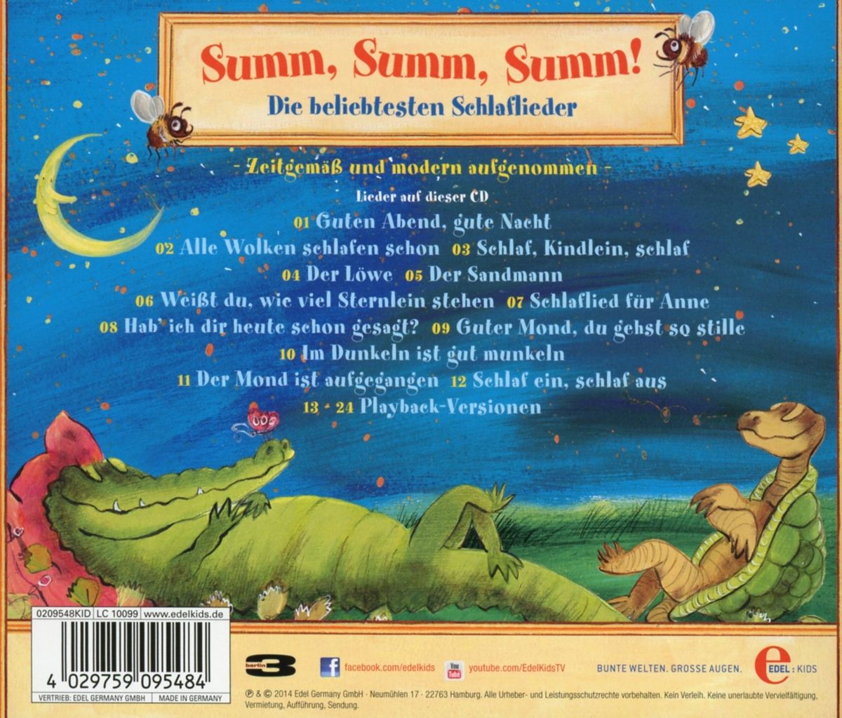 Rückseite der CD "Summ, Summ, Summ! Die beliebtesten Schlaflieder". Titel, Trackliste, Illustrationen: Krokodil, Schildkröte. Edel:Kids Logo.