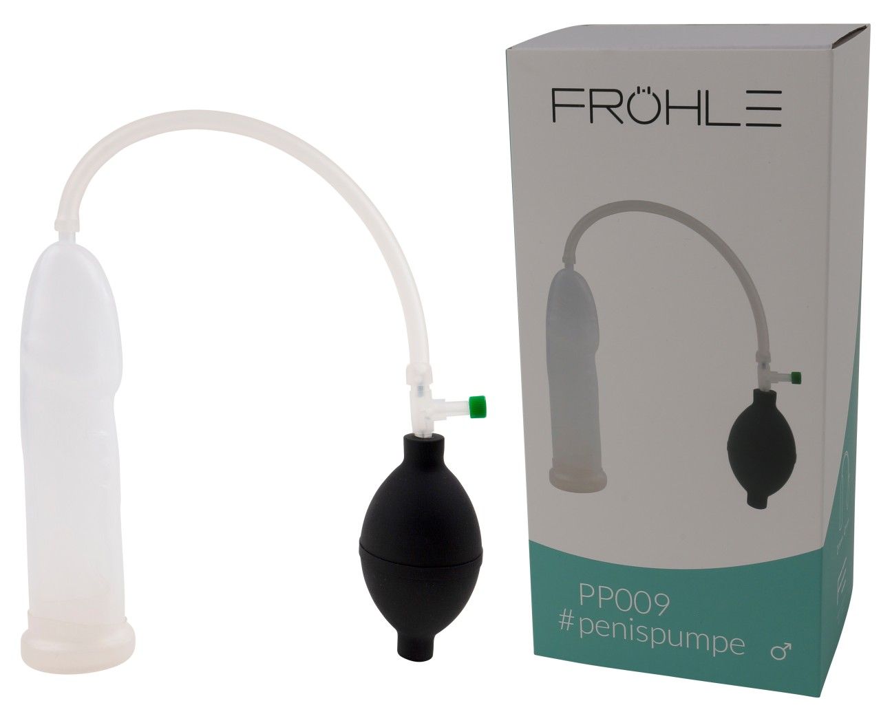 Verpackung mit Produkt. Fröhle-Logo. PP009 #penispumpe. Produkt mit Schlauch und Pumpe.