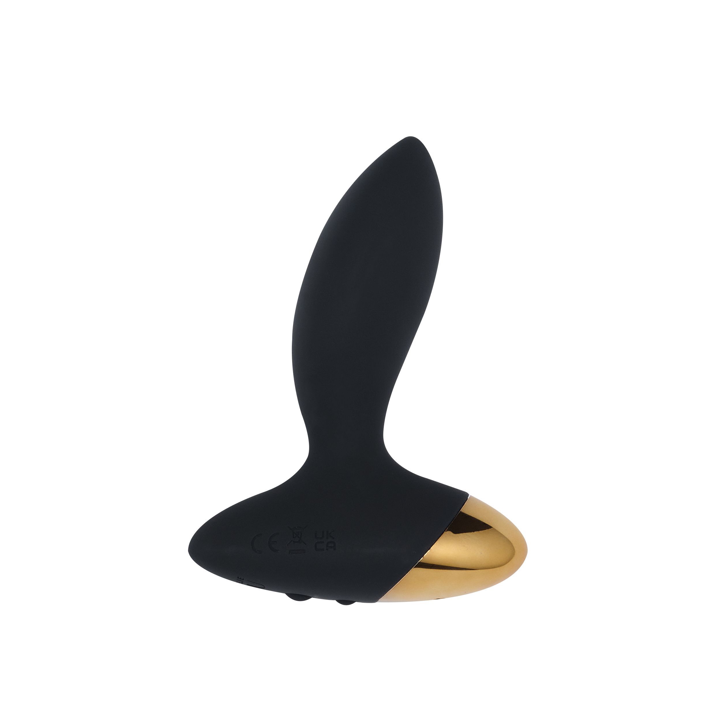 Schwarzer Analvibrator mit goldfarbenem Akzent. Längliche Form mit abgerundeter Spitze und Basis.