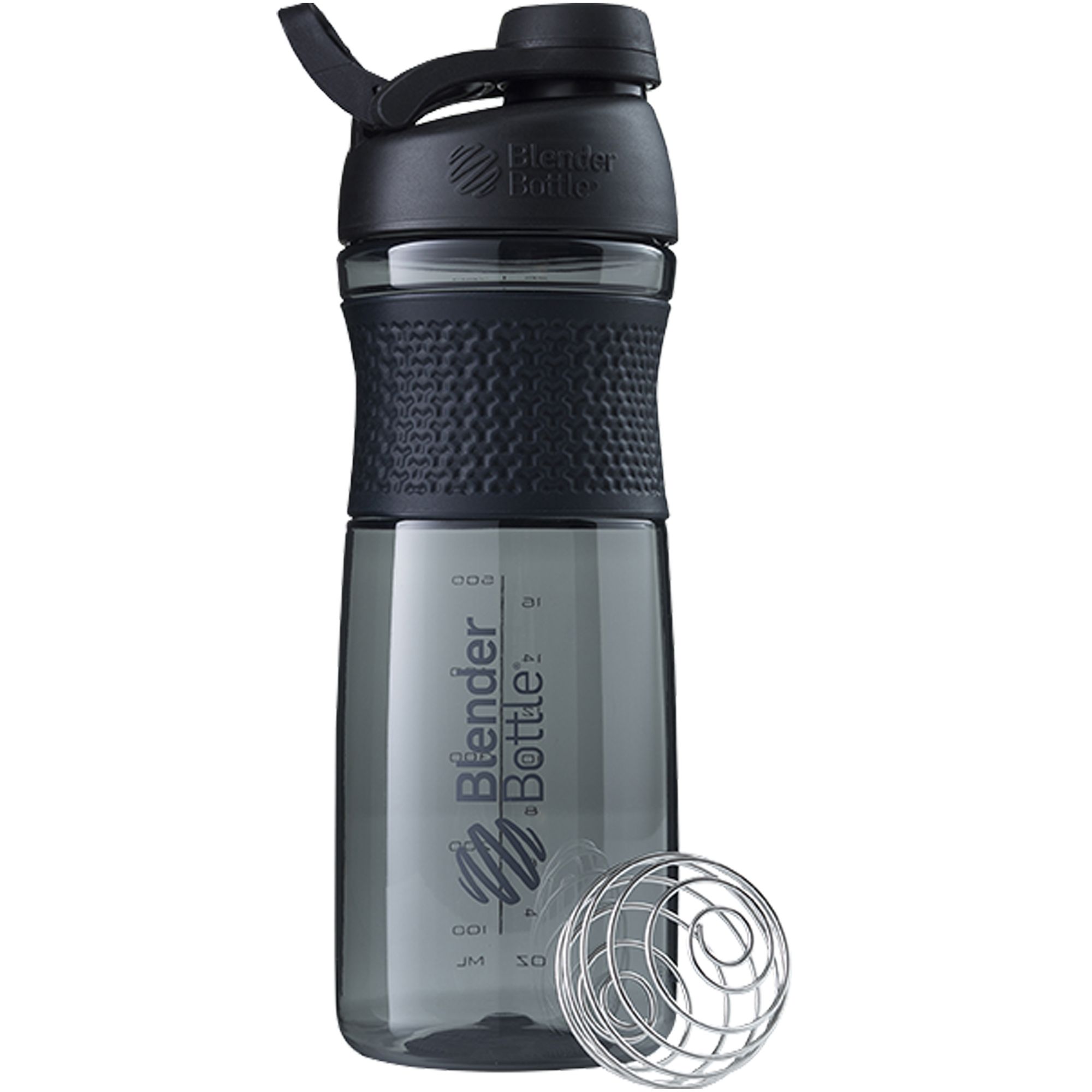 Schwarze Sportmixer-Flasche mit Kugel. Sichtbare Messskala. Marke Blender Bottle.