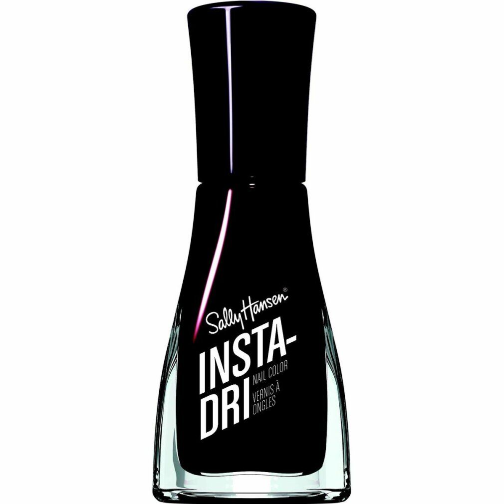 Schwarzer Nagellackflakon. Marke Sally Hansen Insta-Dri. Schwarze Kappe, transparente Flasche. Text: Nail Color, Vernis à Ongles.