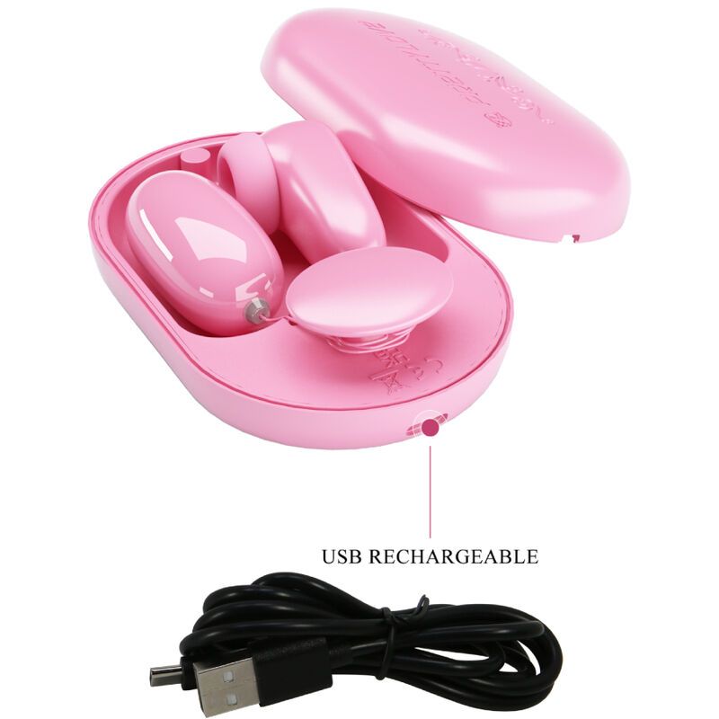Rosa Set mit drei Teilen, USB-Ladekabel. Enthält einen Klopfstimulator, einen Vibrationsball und eine ovale Box.