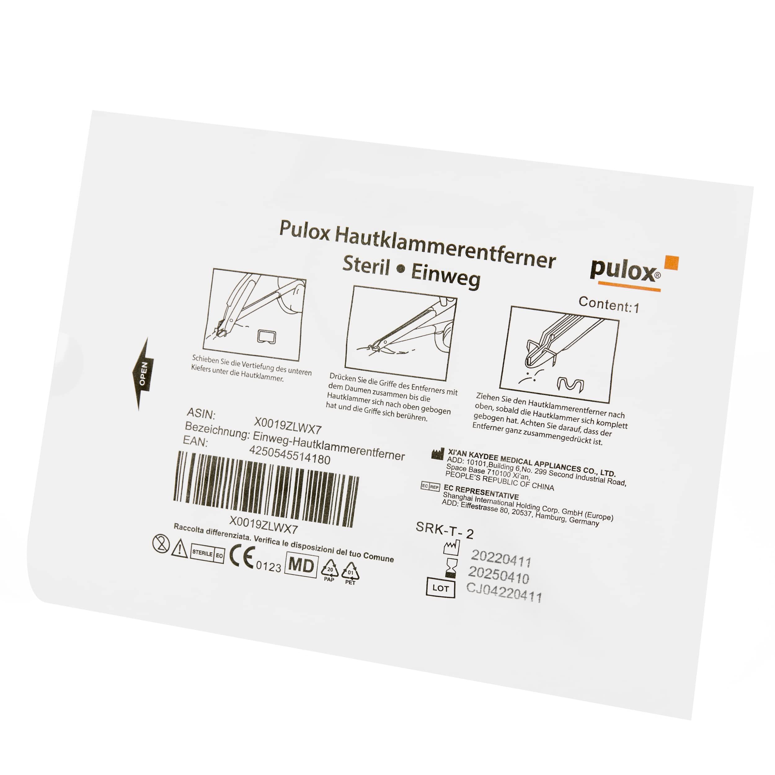Verpackung des Pulox Hautklammerentferners. Aufdrucke mit Produktname, Steril-Hinweis und Piktogrammen.