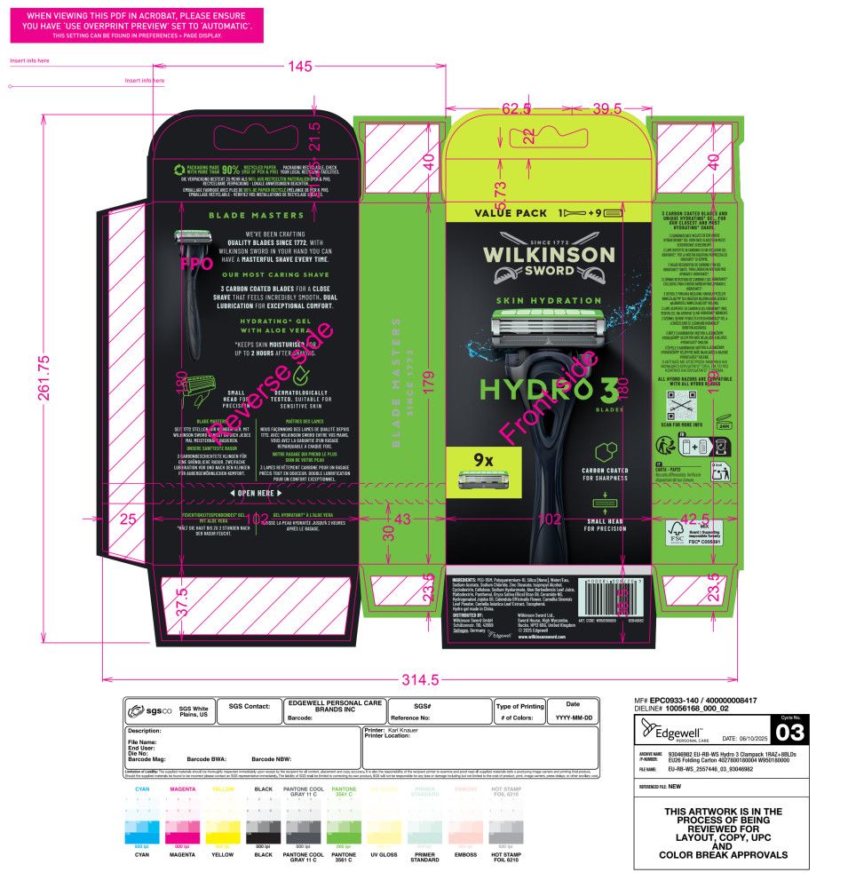 Verpackung des Wilkinson Sword Hydro 3 Rasierers, 9 Ersatzklingen enthalten.