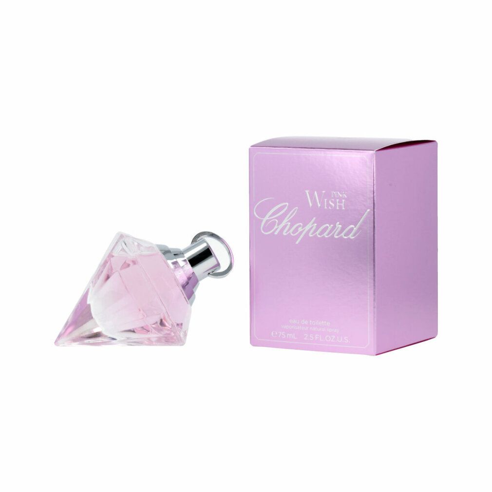 Rosa Parfümflasche und rosa Schachtel. Aufschrift "Wish Chopard". Flakon und Verpackung.