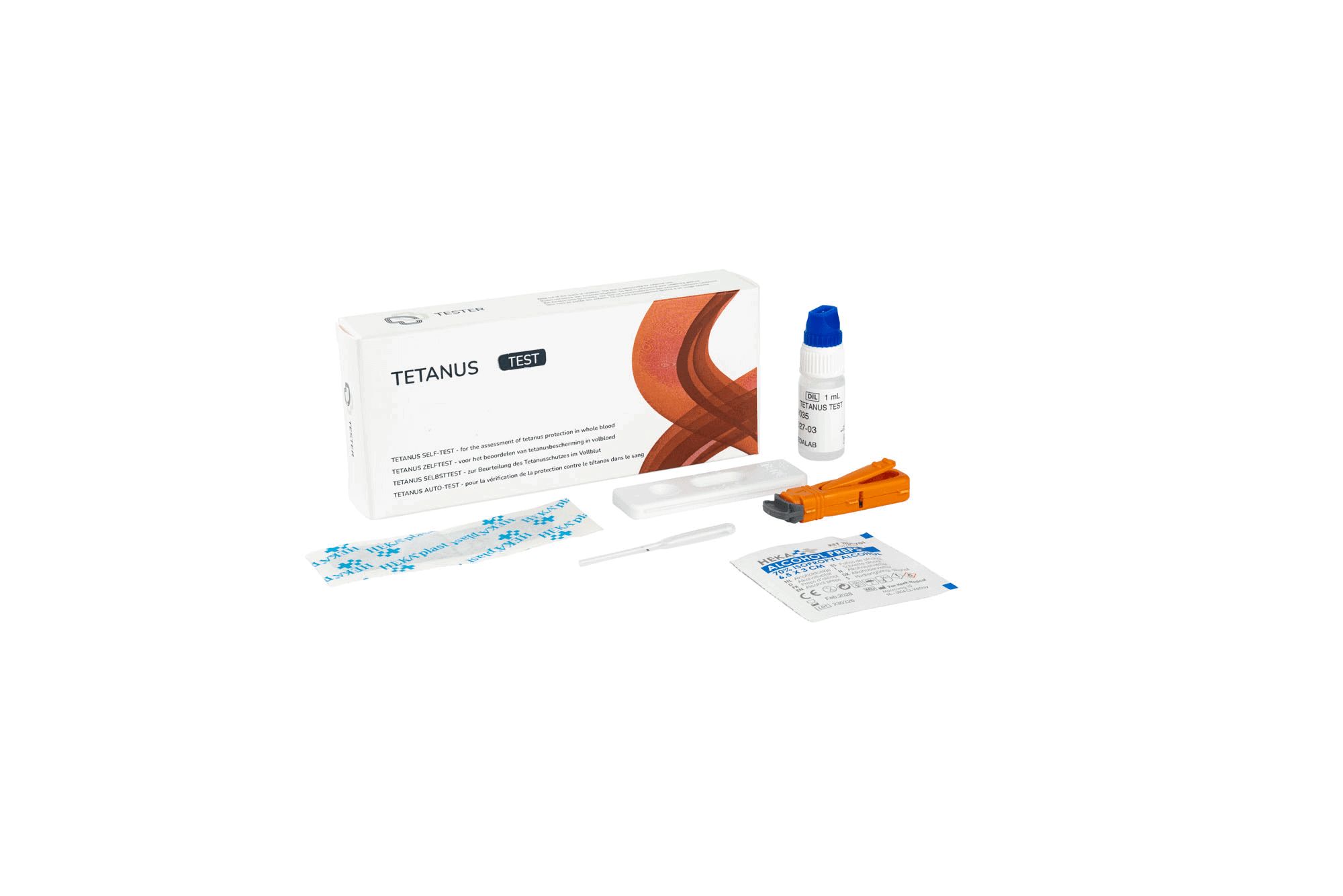 Tetanus-Test-Kit mit Testkassette, Pipette, Pufferlösung, Lanzette und Anleitung.