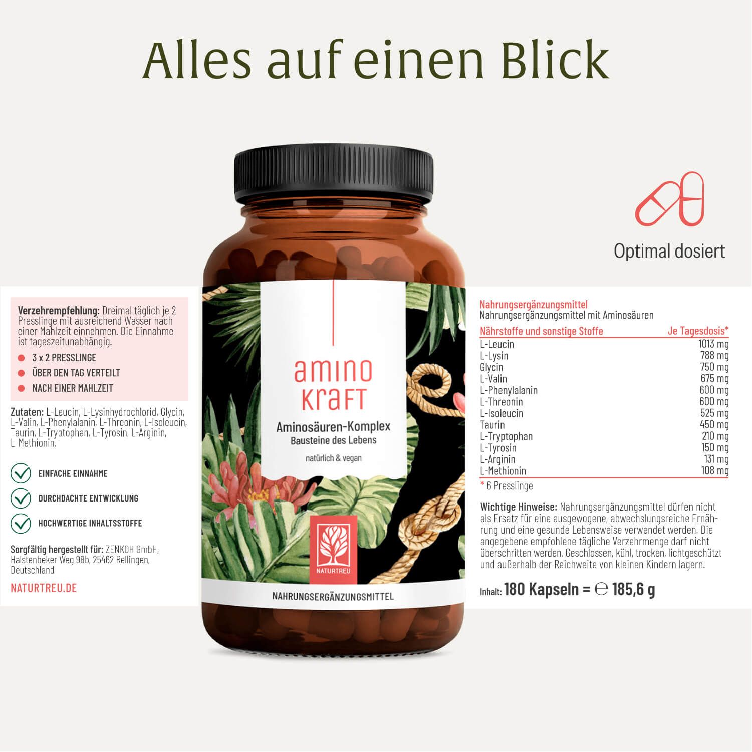 Flasche AMINOKRAFT mit Etikett, das Aminosäuren-Komplex, Inhaltsstoffe und Dosierung zeigt. 180 Kapseln.