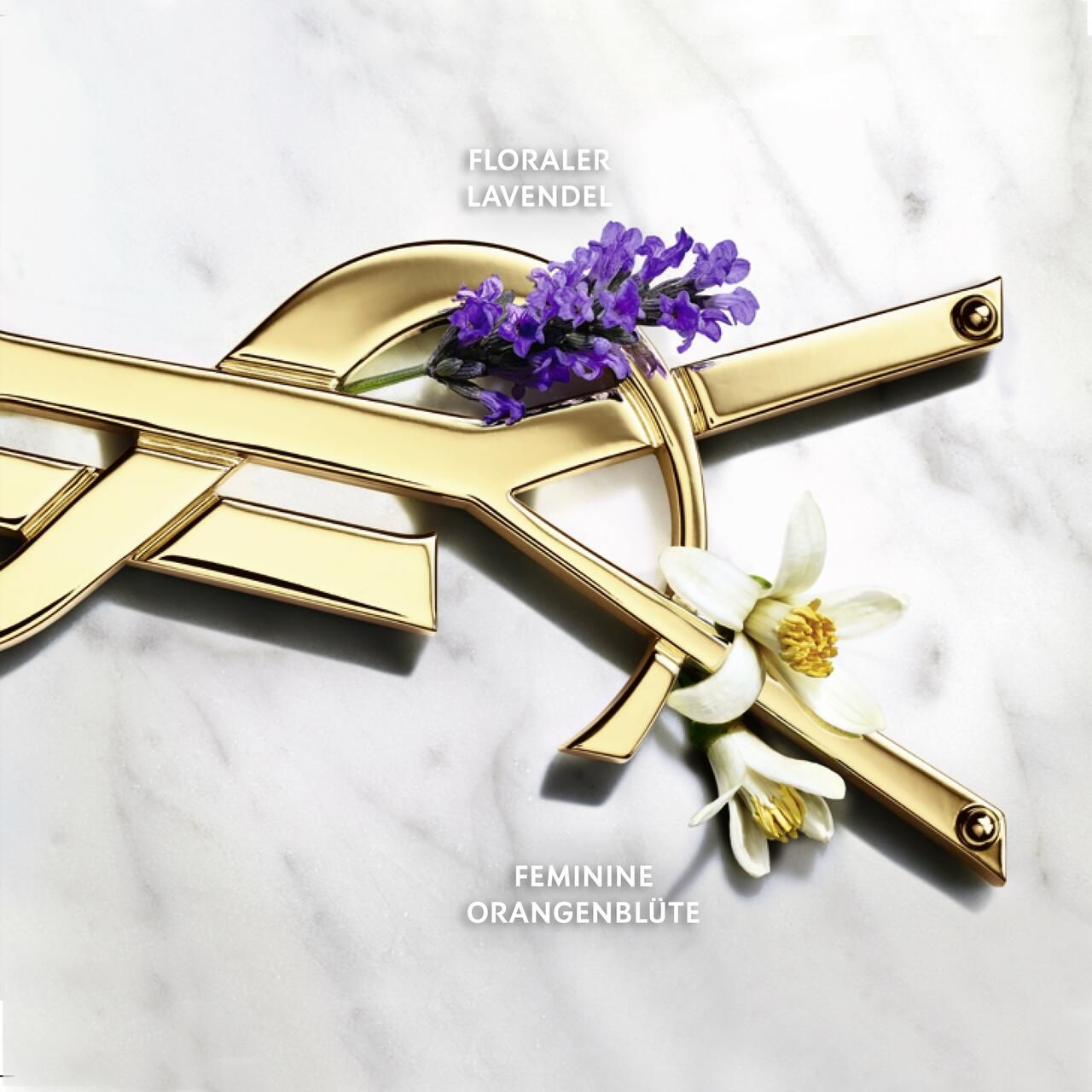 Goldfarbenes Logo mit Lavendel und Orangenblüten. Text: FLORALER LAVENDEL, FEMININE ORANGENBLÜTE.