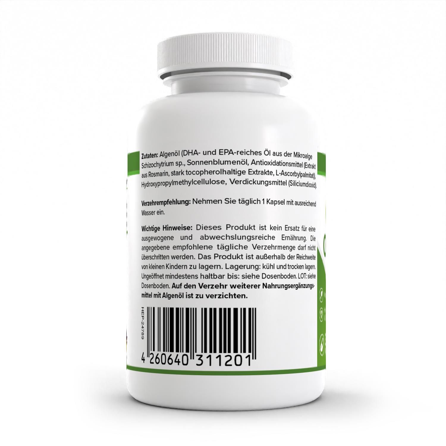 Rückseite der weißen Flasche. Aufschrift: Zutaten, Verzehrempfehlung, wichtige Hinweise. Barcode. Health+ Logo.