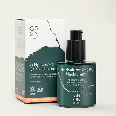 Produkt mit Verpackung. Grüne Flasche mit Pumpe und Karton. Aufschrift: 4x-Hyaluron- & Q10-Nachtcreme.