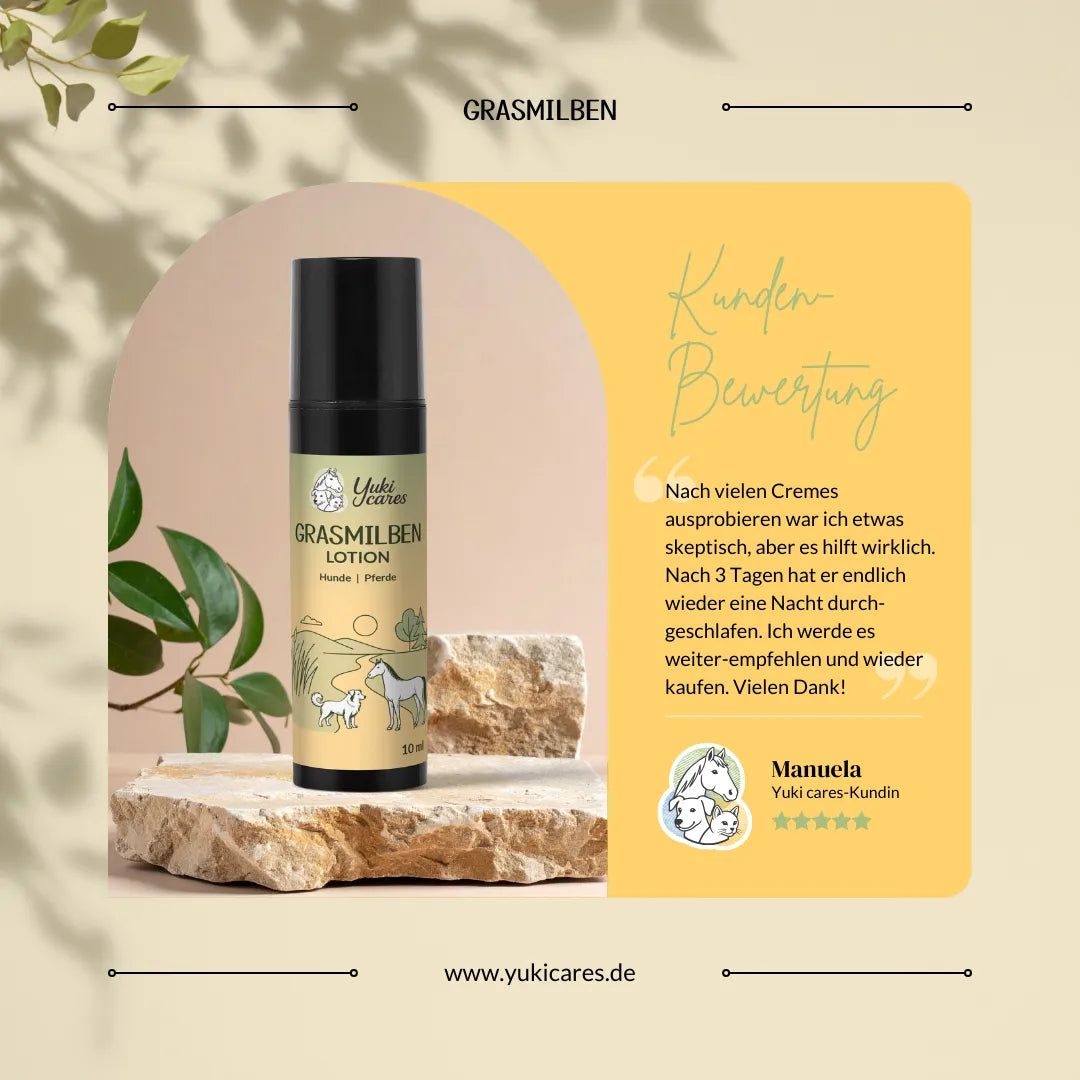 Lotion-Flasche auf Stein. Text: Grasmilben Lotion, Hunde & Pferde. Logo: Yuki cares. Gelber Hintergrund mit Kundenbewertung.