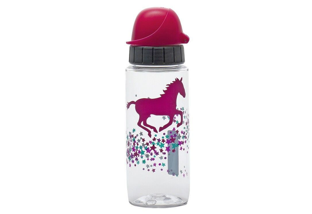 Transparente Trinkflasche mit pinkem Pferd-Motiv und pinkem Deckel. Schwarzer Schraubverschluss.