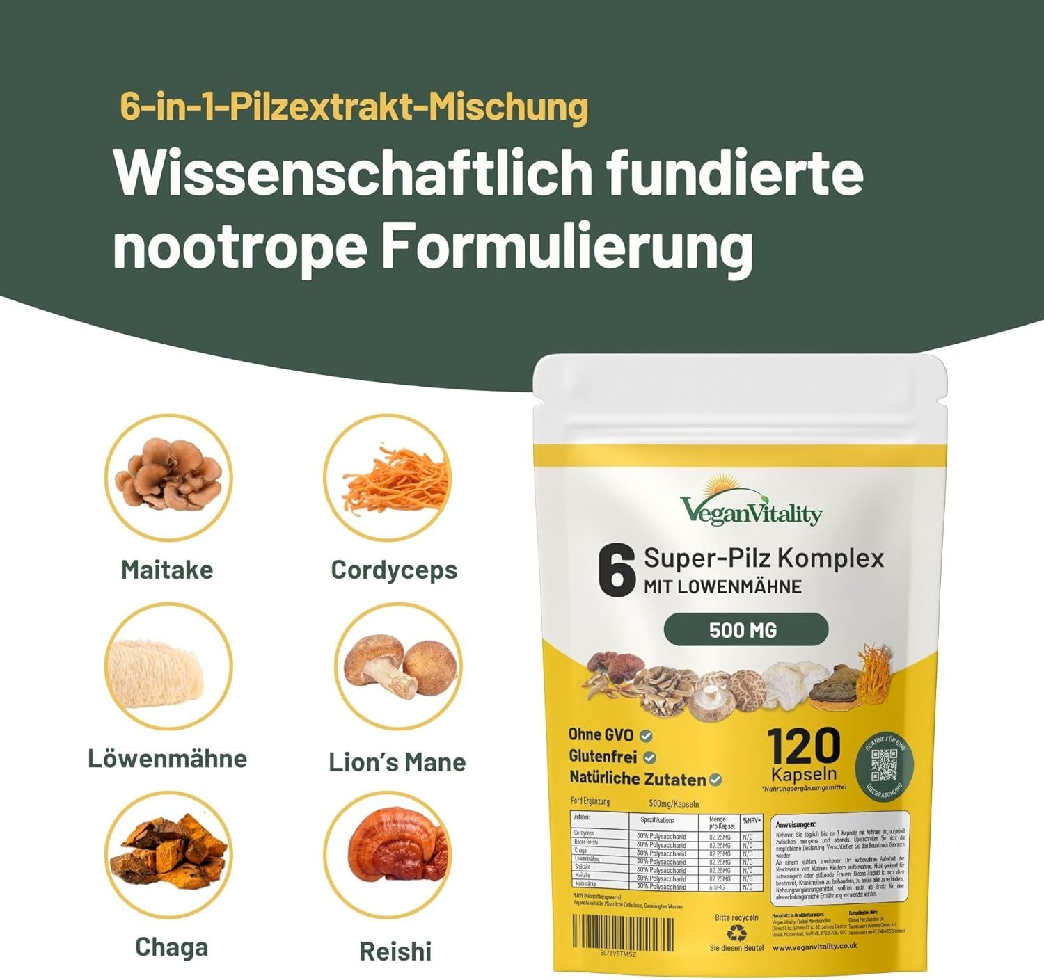 Beutel mit Vegan Vitality 6 Super-Pilz Komplex Kapseln. 120 Kapseln. 500 mg. Zutaten: Maitake, Cordyceps, Löwenmähne, Chaga, Reishi. Ohne GVO, glutenfrei.