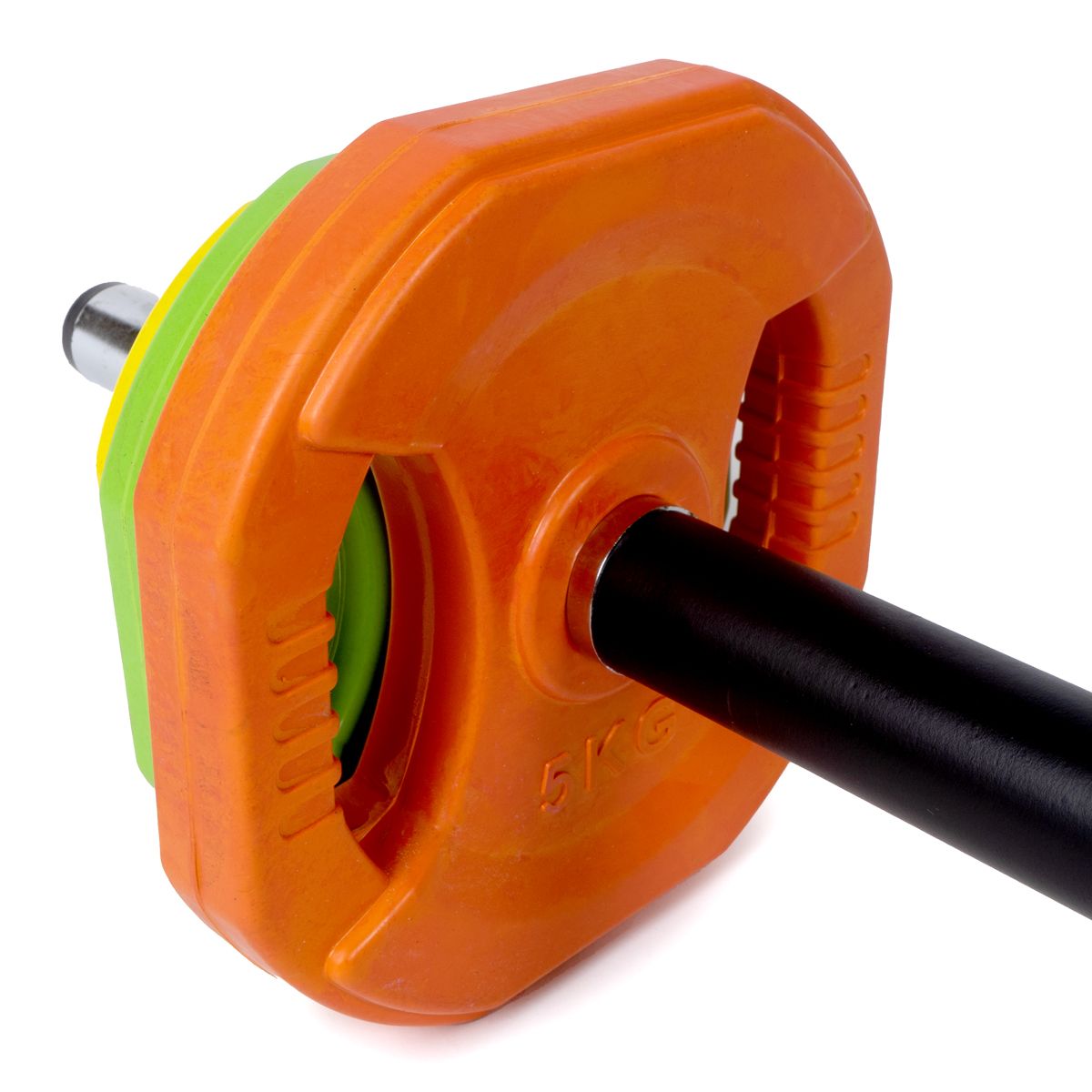 Nahaufnahme von Gewichtsscheiben auf einer Langhantel. Orange, grün und gelb. Scheibenstopper.