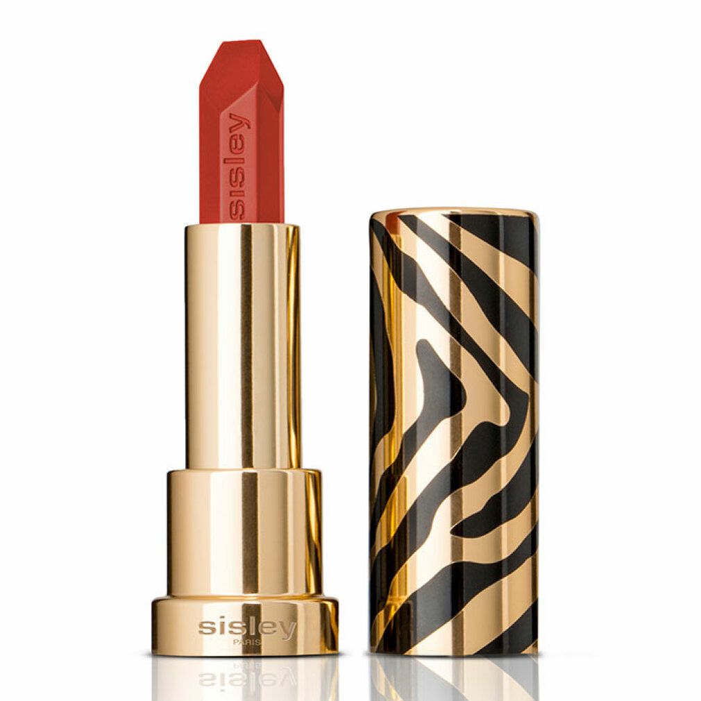 Roter Lippenstift mit goldfarbenem Gehäuse und Zebra-Muster. Der Lippenstift ist geöffnet und zeigt eine rote Spitze.