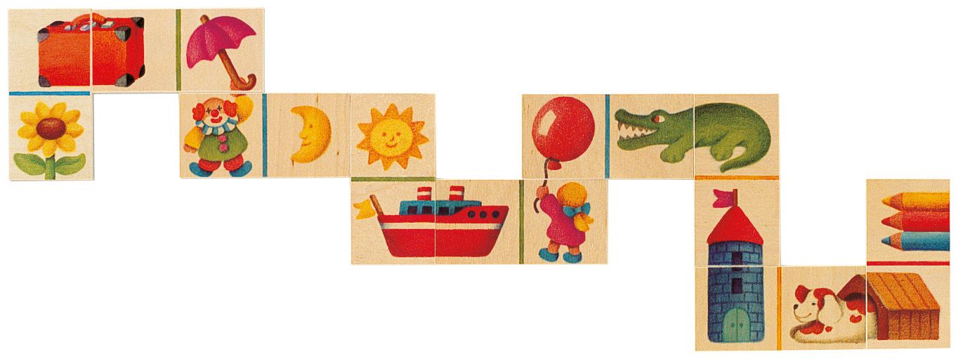Legespiel mit 20 Teilen. Jedes Teil zeigt eine Illustration. Gezeigt werden u.a. eine Sonnenblume, ein Koffer, ein Clown, ein Mond, eine Sonne, ein Schiff.