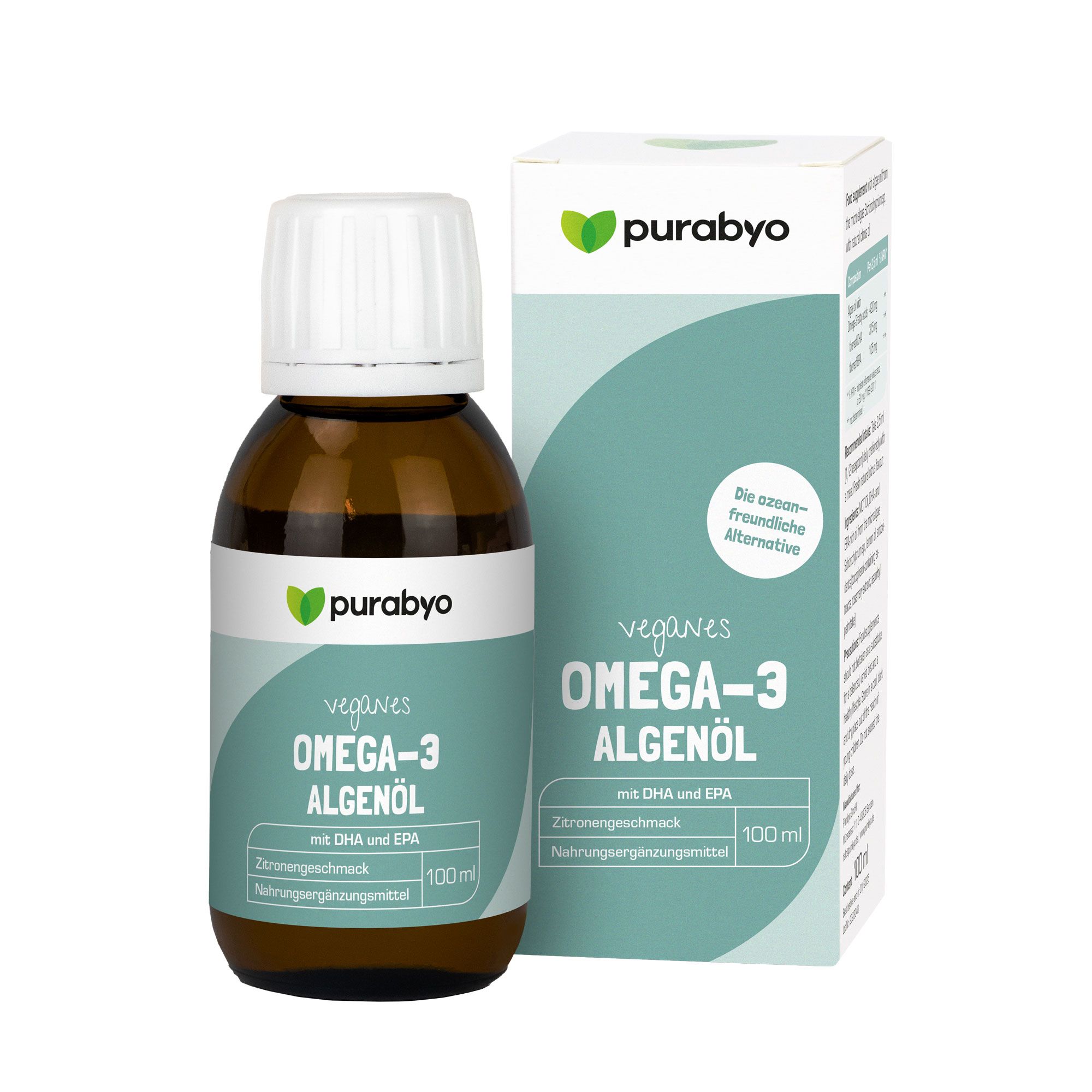 Braune Glasflasche und Karton mit Produktinformationen. Aufschrift: Purabyo Omega-3 Algenöl. Vegan, mit DHA und EPA. 100 ml.