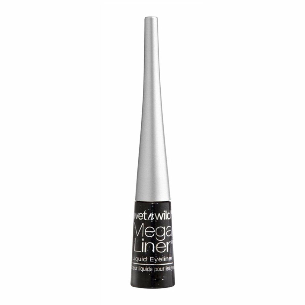 Schwarzer flüssiger Eyeliner. Silberfarbene Kappe. Aufschrift: Mega Liner, Liquid Eyeliner. Schwarze Flasche mit silbernen Glitzerpartikeln.