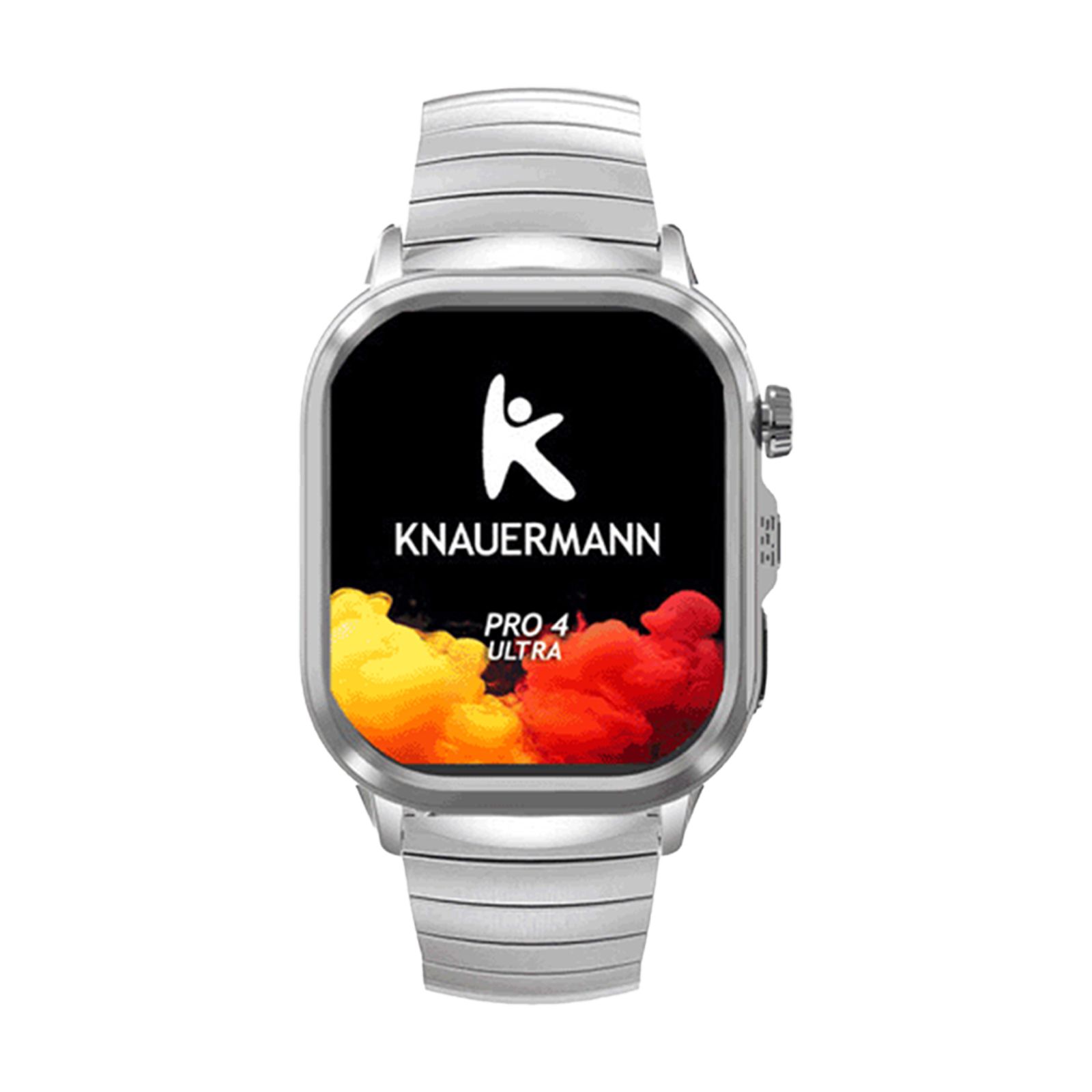 Silberne Smartwatch mit weißem Armband. Das Display zeigt das Logo und 'KNAUERMANN PRO 4 ULTRA'.