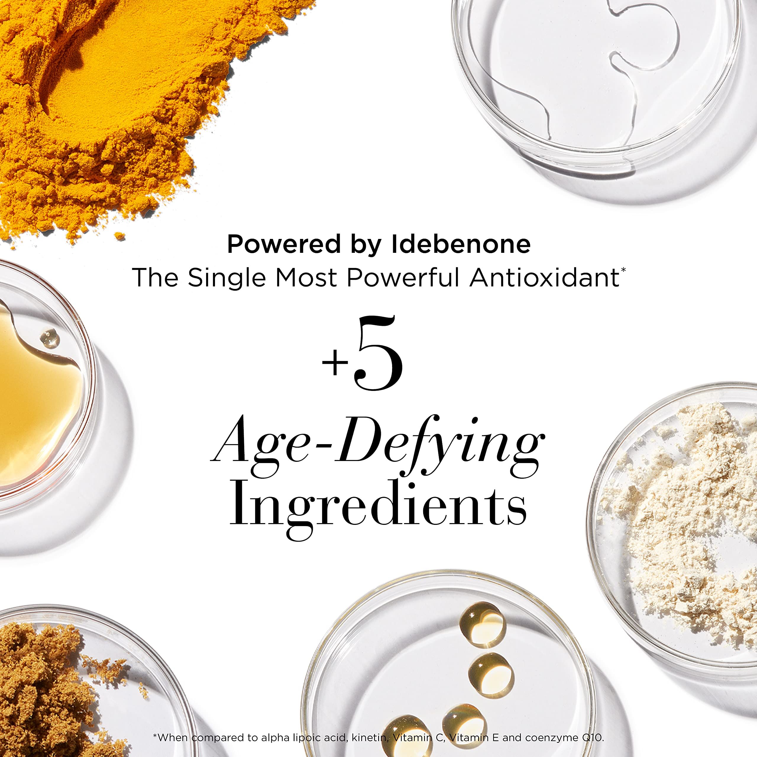 Verschiedene Behälter mit Inhaltsstoffen. Text: Powered by Idebenone. +5 Age-Defying Ingredients.
