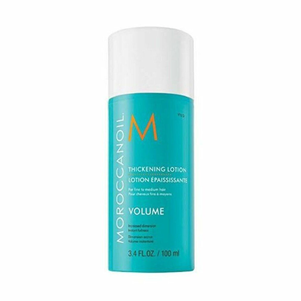 Türkis-farbene Flasche mit weißem Deckel. Aufschrift: Moroccanoil, Thickening Lotion, Volume. 3.4 FL.OZ./100 ml.