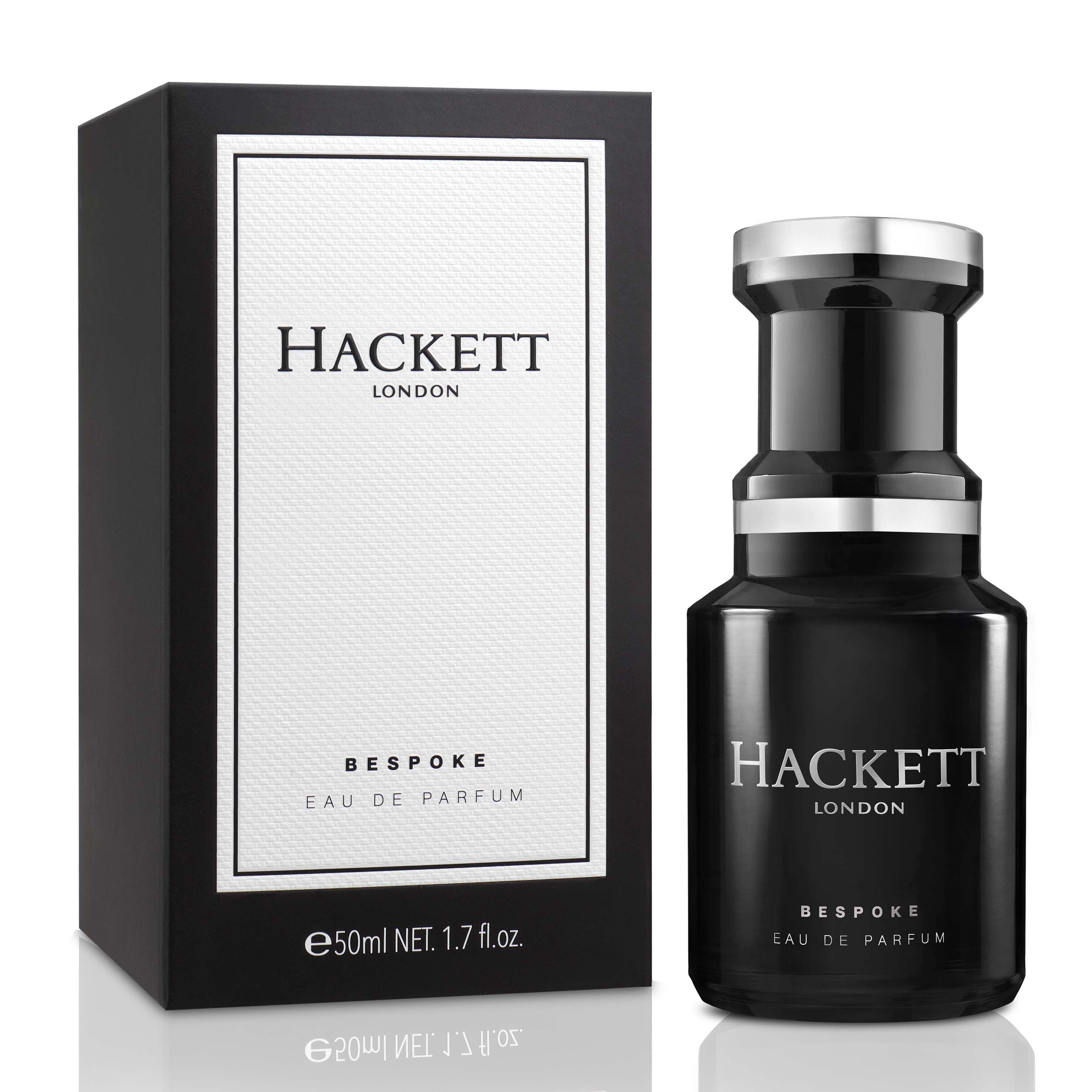 Schwarzer Flakon und Verpackung. Aufschrift: HACKETT LONDON, BESPOKE EAU DE PARFUM. Verpackung mit 50ml und 1.7 fl.oz.