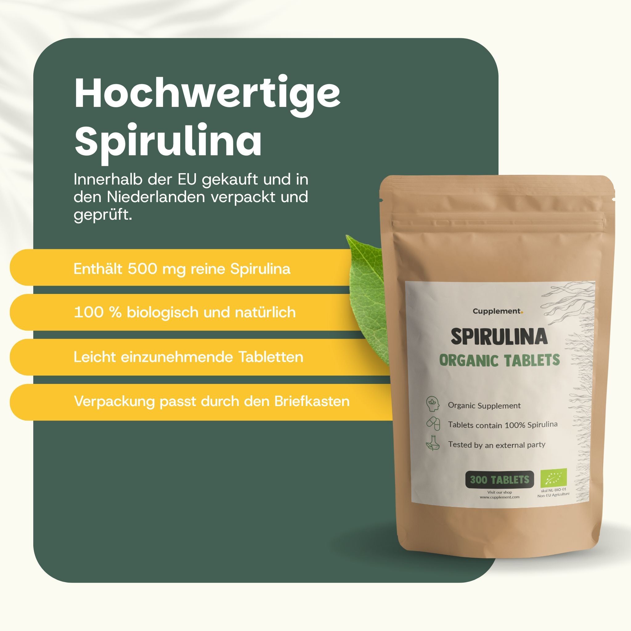 Braune Tüte mit Spirulina-Tabletten. Text: Cupplement, Spirulina Organic Tablets, 300 Tabletten. Enthält 500 mg reine Spirulina.