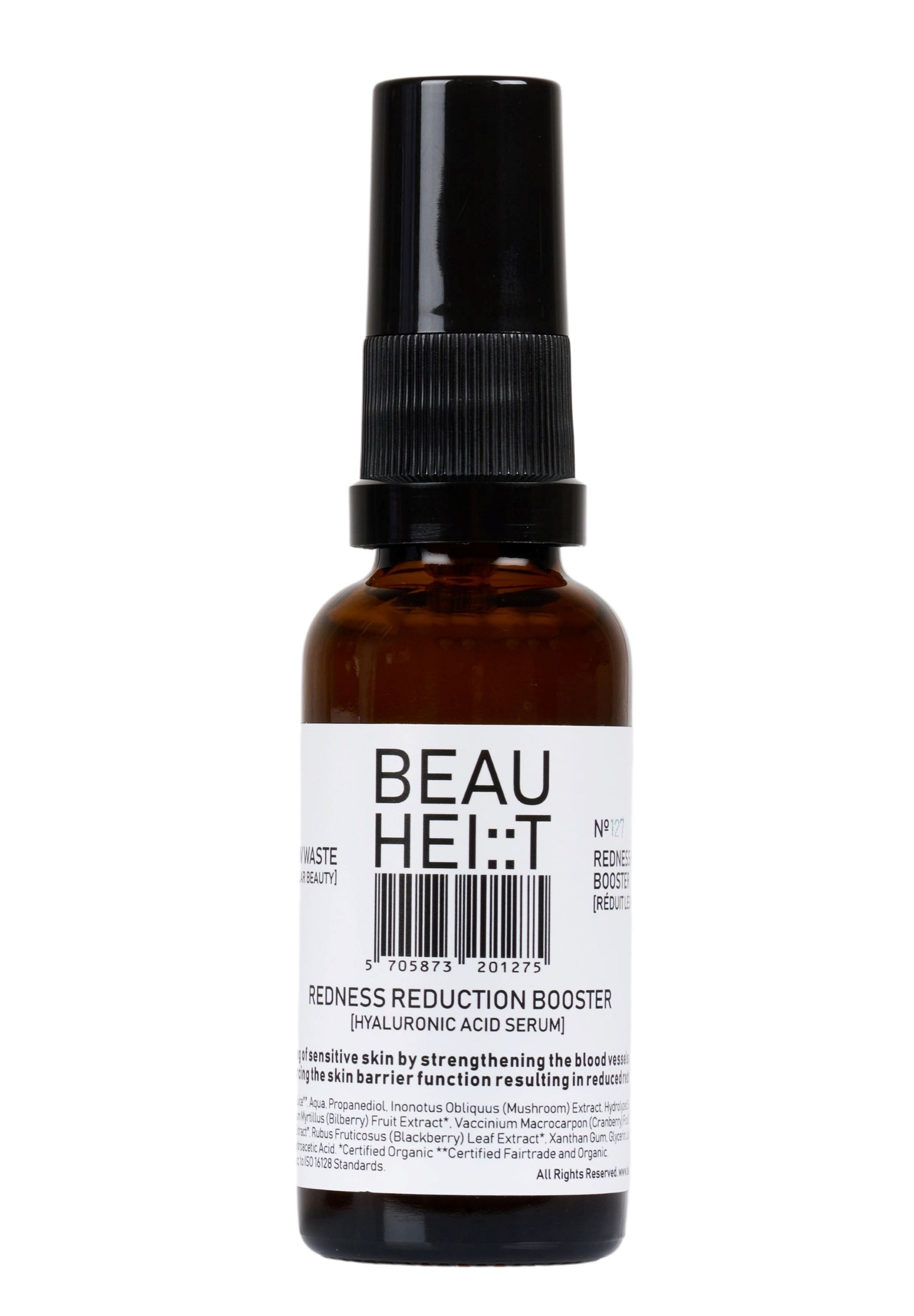 Braune Glasflasche mit schwarzem Sprühkopf. Etikett mit Produktnamen und Inhaltsstoffen. "BEAUHEIT Redness Reduction Booster".