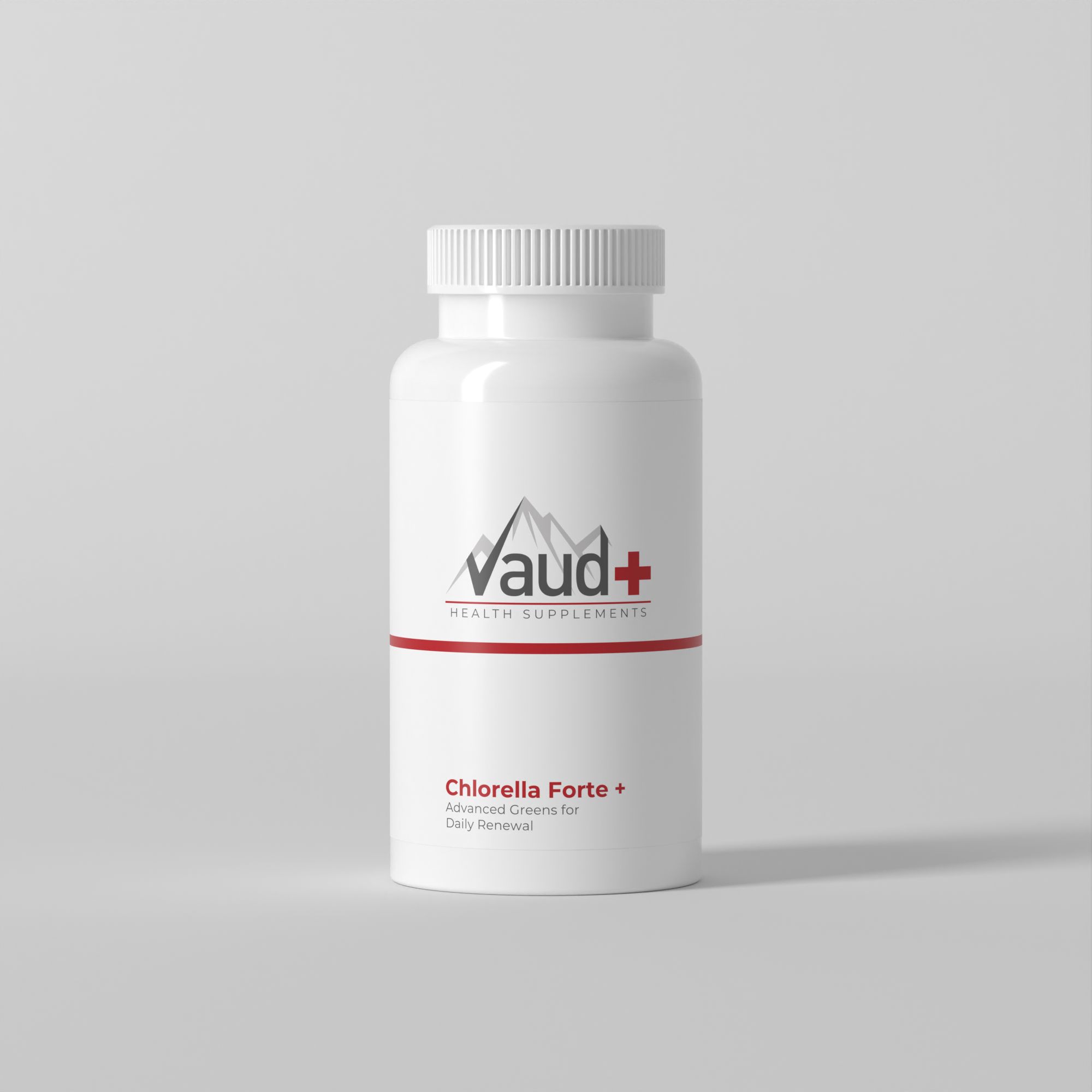 Weiße Flasche mit Schraubverschluss. Vaud+ Logo und Schriftzug. Chlorella Forte+ Schriftzug.