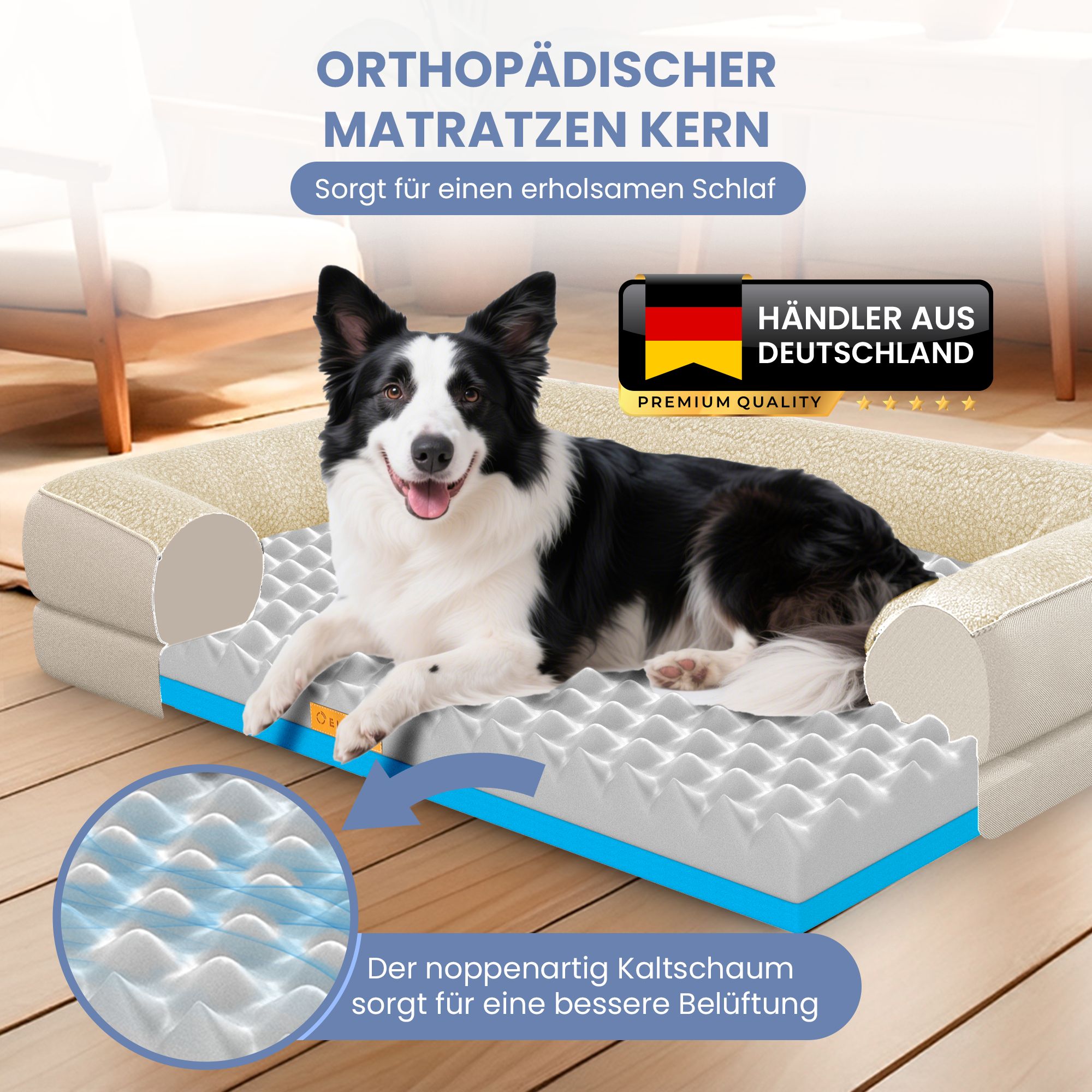 Orthopädisches Hundebett, Creme. Hund liegt auf dem Bett. Kissen mit Noppenstruktur. Text: Sorgt für erholsamen Schlaf.