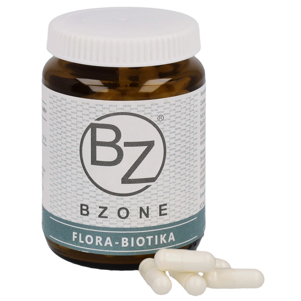 Braunglasflasche mit weißem Deckel. Aufschrift BZONE, Flora-Biotika. Daneben liegen Kapseln.