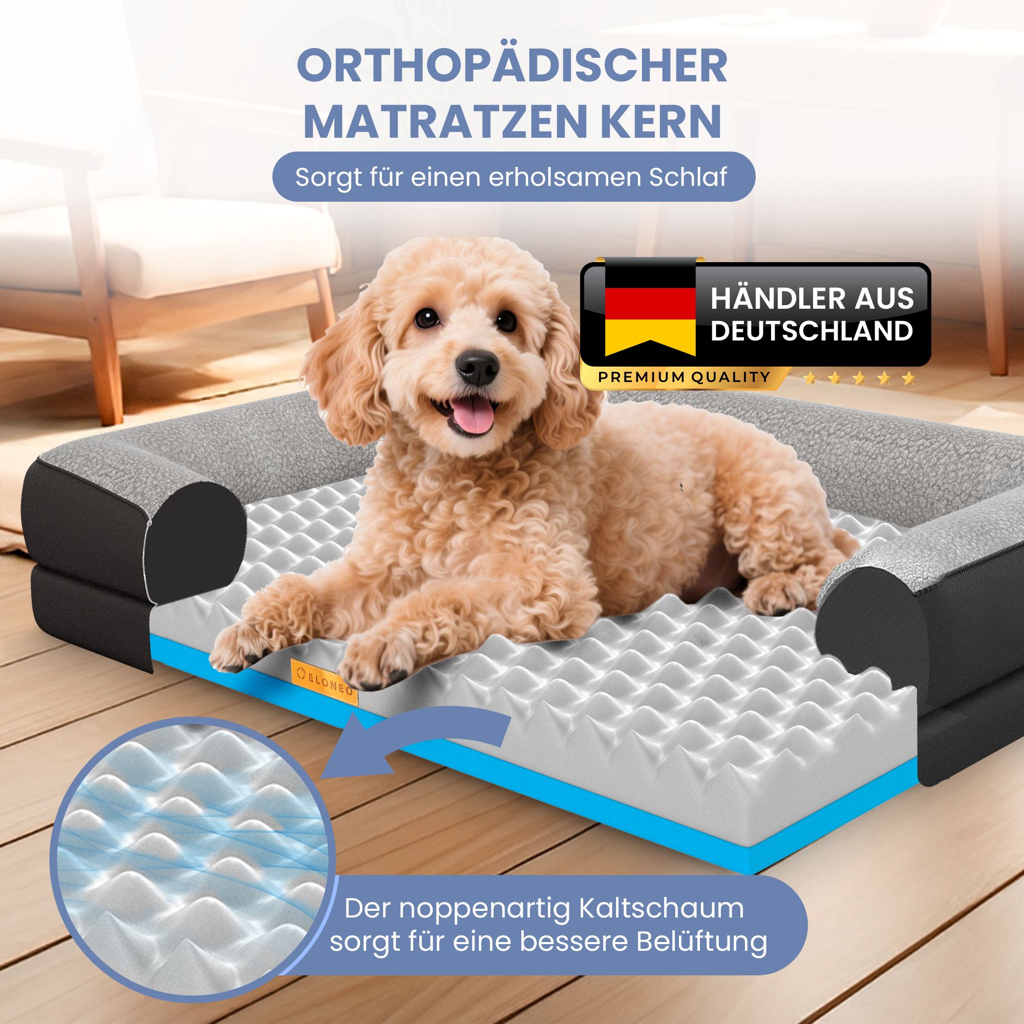 Orthopädisches Hundebett mit Kaltschaumkern. Schwarz, grau. Hund liegt im Bett. Premium Quality.