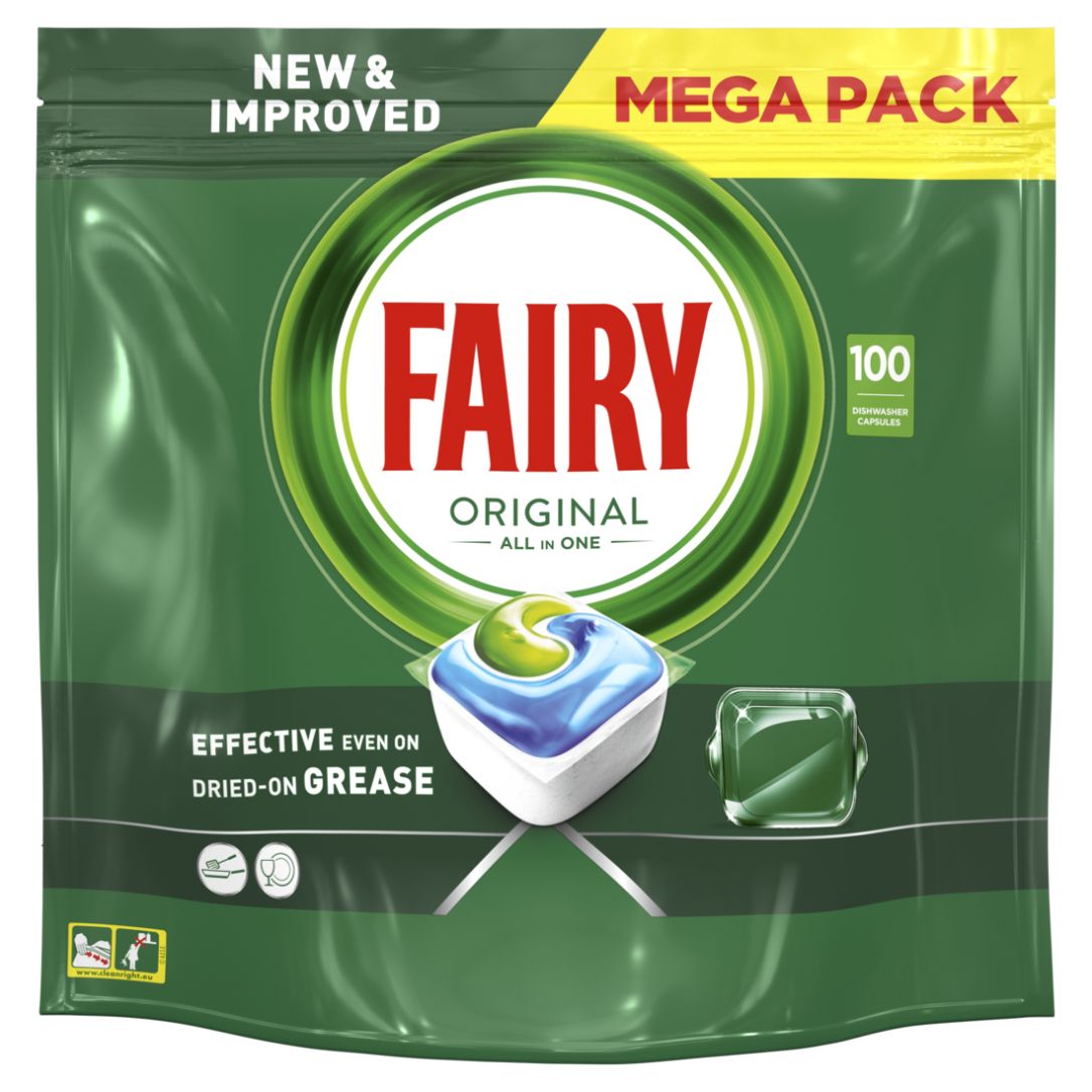 Beutel mit Spülmaschinentabs. Aufschrift: Fairy Original All-in-One. Mega Pack. 100 Kapseln. Wirksam auch bei angetrocknetem Fett.