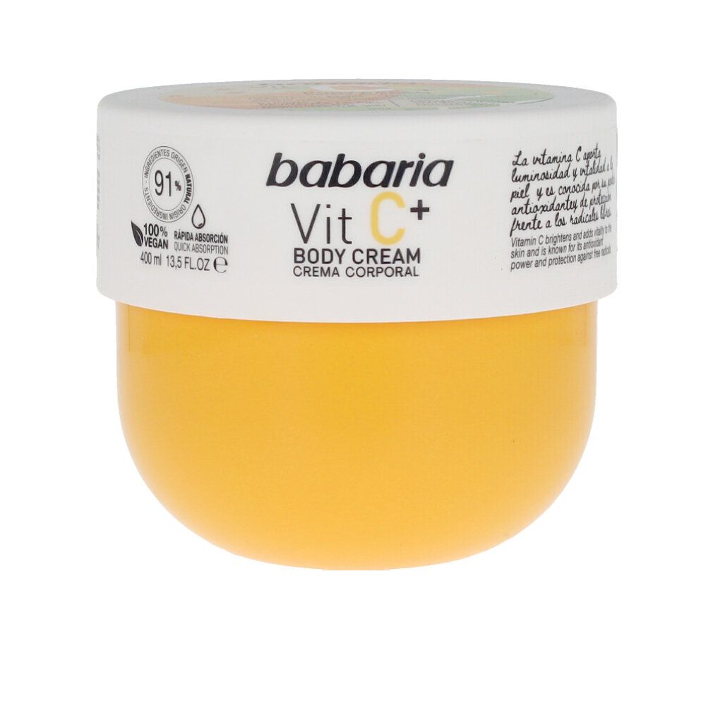 Babaria Vit C+ Body Cream in einem gelben Tiegel mit weißem Deckel. 100% vegan.