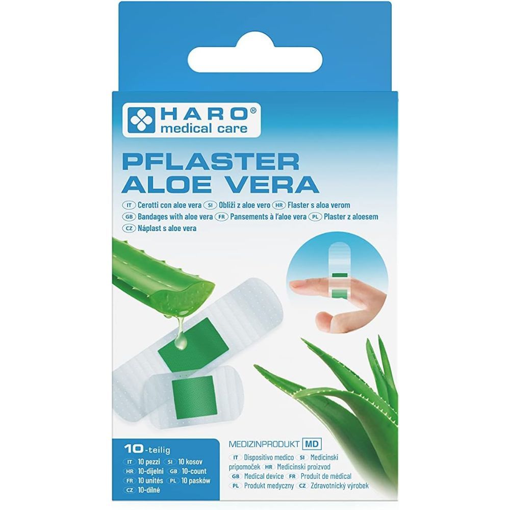 Verpakking pleisters Haro Aloe Vera. 10 stuks. Medisch hulpmiddel. Illustratie van aloë vera blad en pleisters.
