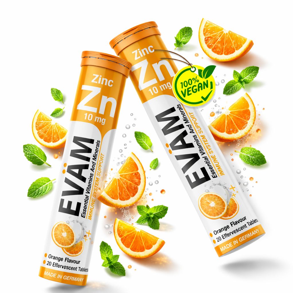 Zwei Tuben EVÄM Zink, 10 mg. Orangefarbenes Design. 20 Brausetabletten. 100% Vegan. Orangen und Minze.