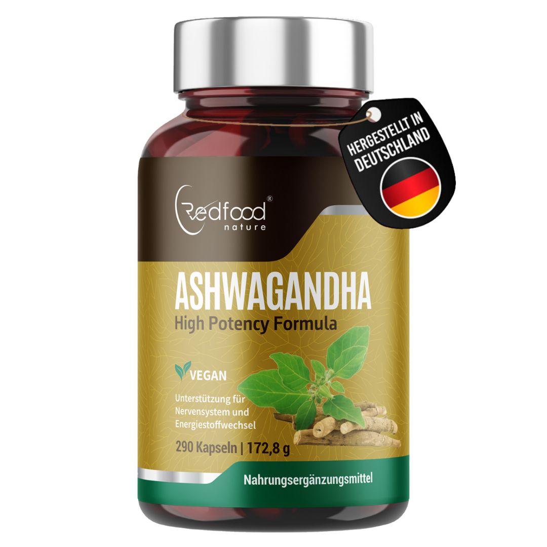 Braune Kapsel-Dose mit silbernem Deckel. Aufschrift: Ashwagandha, Bio, Vegan. Hergestellt in Deutschland.