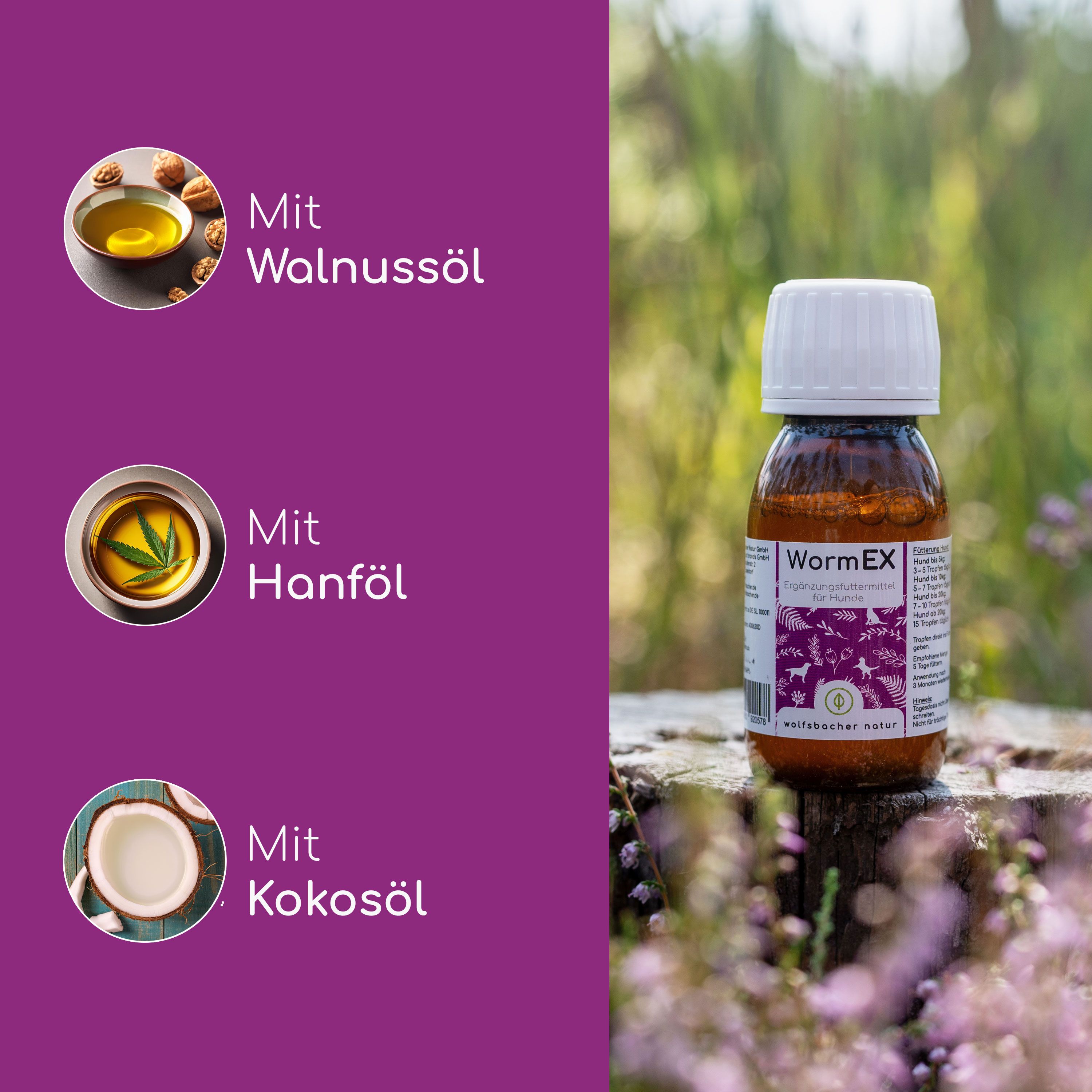 Braune Flasche mit weißem Deckel. Aufschrift WormEX. Abbildungen von Walnuss-, Hanf- und Kokosöl. Text: Mit Walnussöl, Hanföl, Kokosöl.