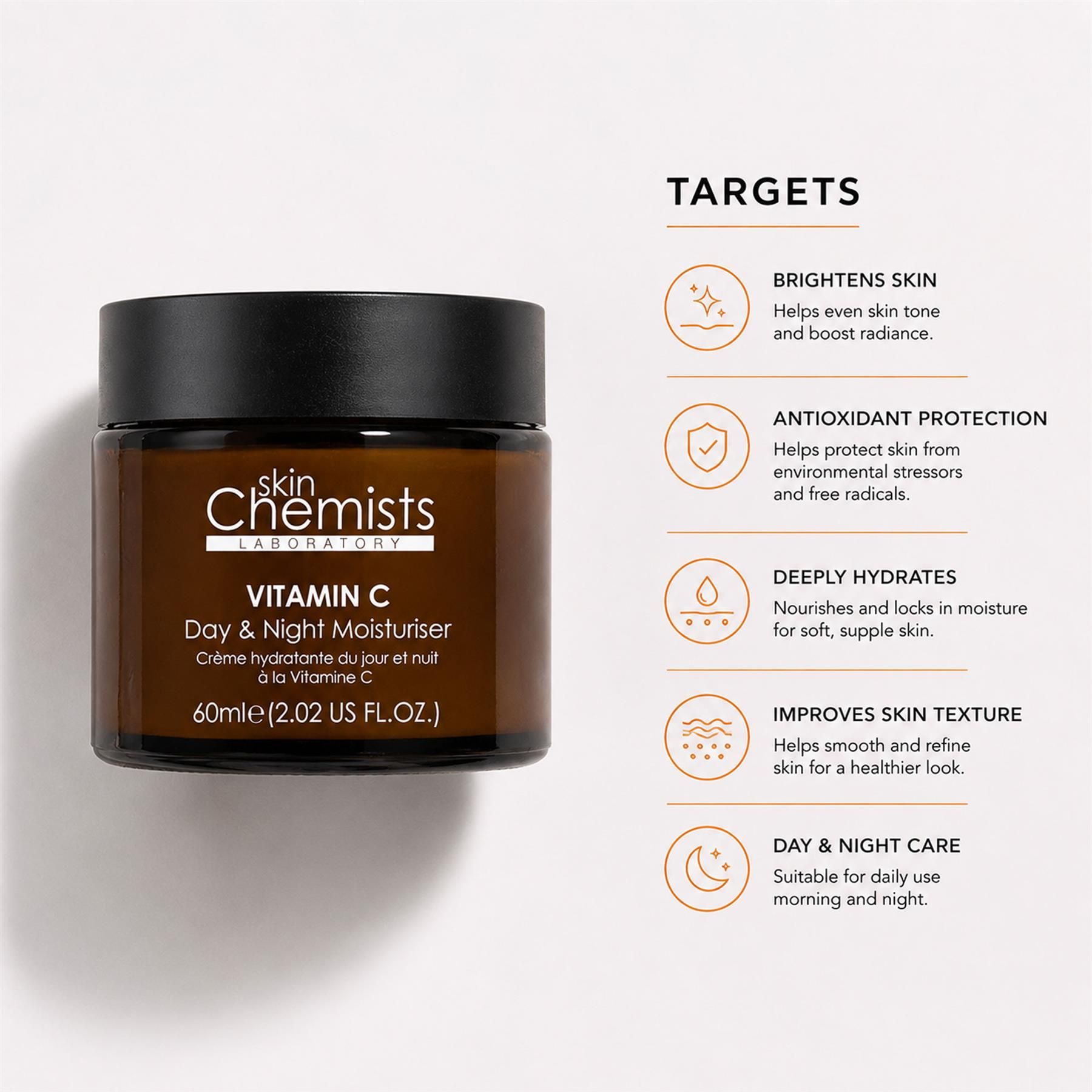SkinChemists Vitamin C Creme mit Liste der Hautpflegeziele.