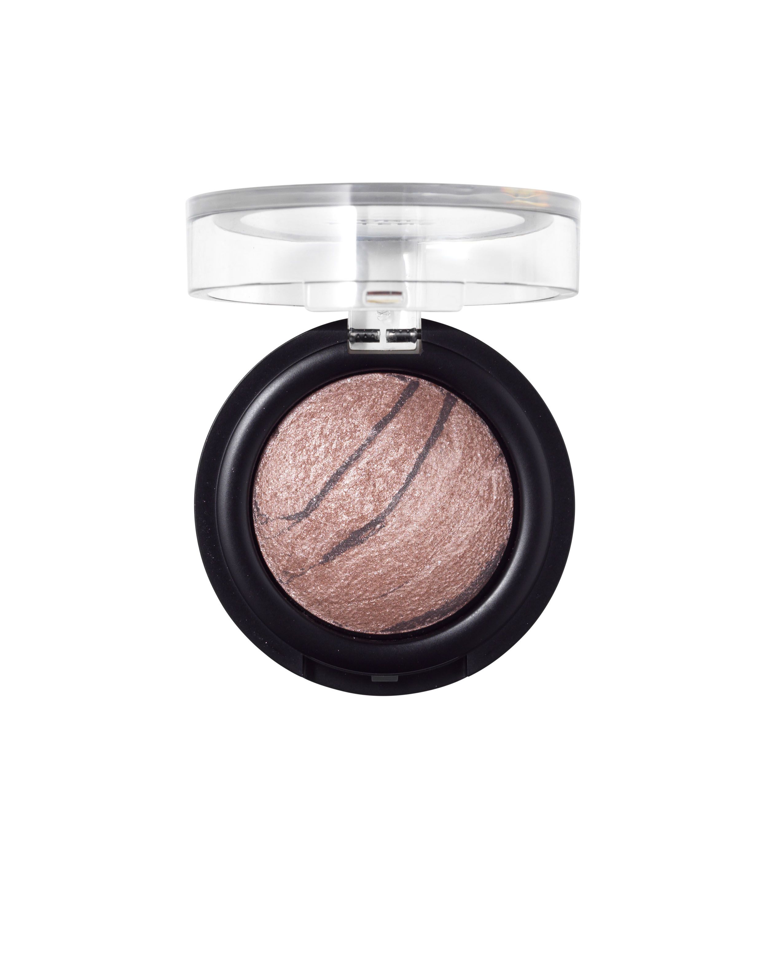 Nilens Jord Baked Mineral Eyeshadow in einem schwarzen Behälter mit transparentem, offenem Deckel. Die Oberfläche ist marmoriert.