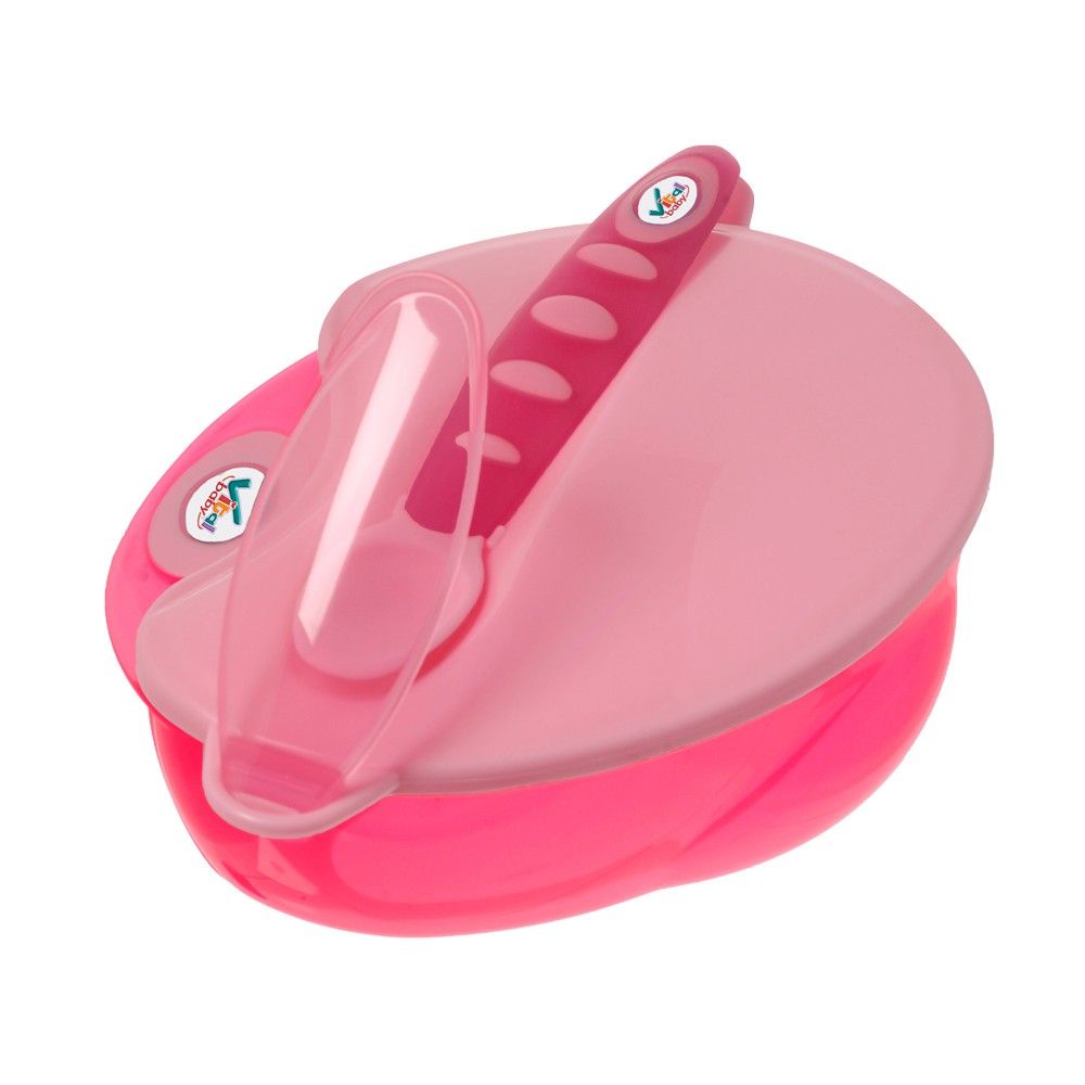 Rosa Babynahrung-Set mit Deckel und Löffel. Enthält eine Schüssel, einen Deckel und einen Löffel. Das Set hat das Vital Baby Logo.