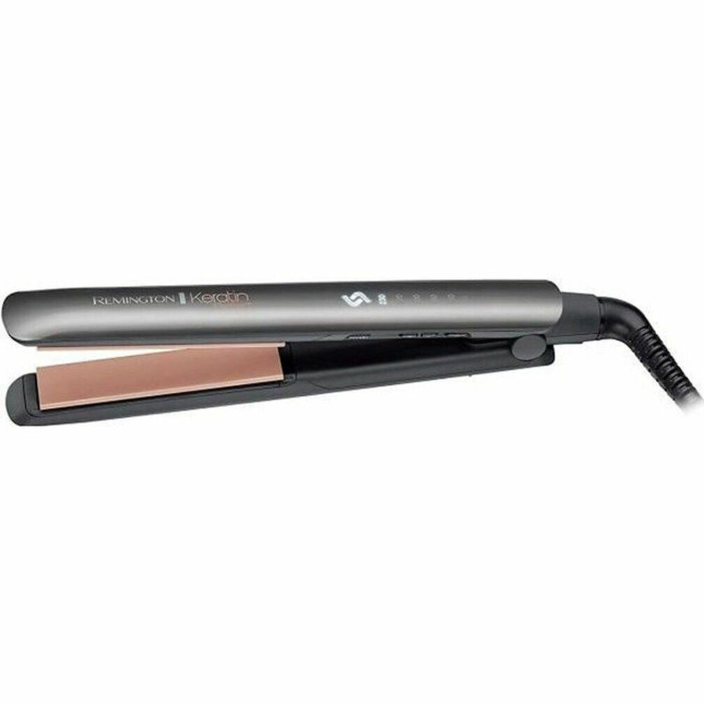 Glätteisen mit Keratin-Technologie. Grau-schwarzes Gehäuse, rosafarbene Heizplatten. Kabelanschluss.
